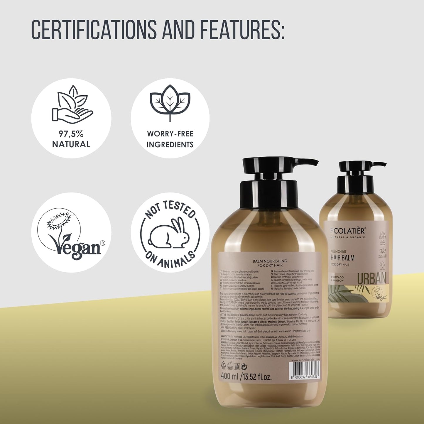 Nourishing Hair Balm for Dry Hair ECOLATIER, URBAN Series - Formulated with Natural Ingredients to Provide Care, Radiant Shine and Overall Health - 13.5 Fl Oz