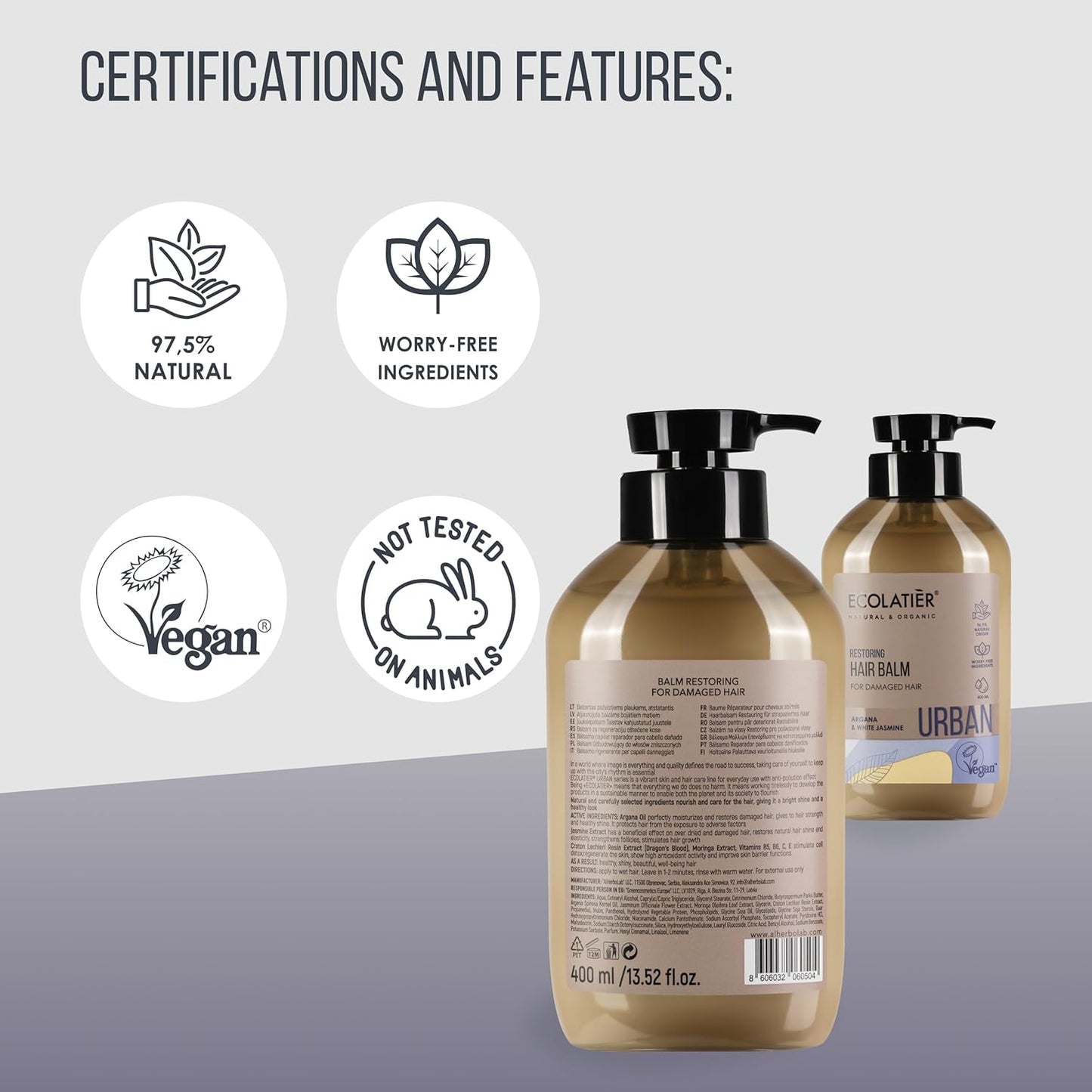 Restoring Hair Balm ECOLATIER,URBAN Series - For Damaged Hair with Anti-Pollution Effect - Natural Ingredients for Radiant Shine and a Healthy Look - 13.5 Fl Oz