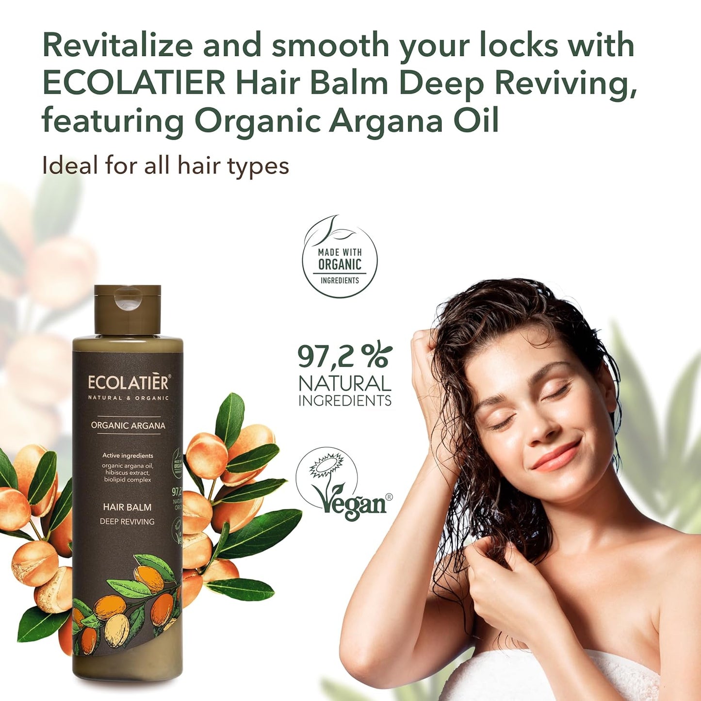 Organic Argana Hair Balm for Deep Revival - ECOLATIER, 250ml - 97.2% Natural, Vegan hair fertilizer - Moisturizes, Argan Oil & Rice Proteins braid balm - 8.5 Fl Oz