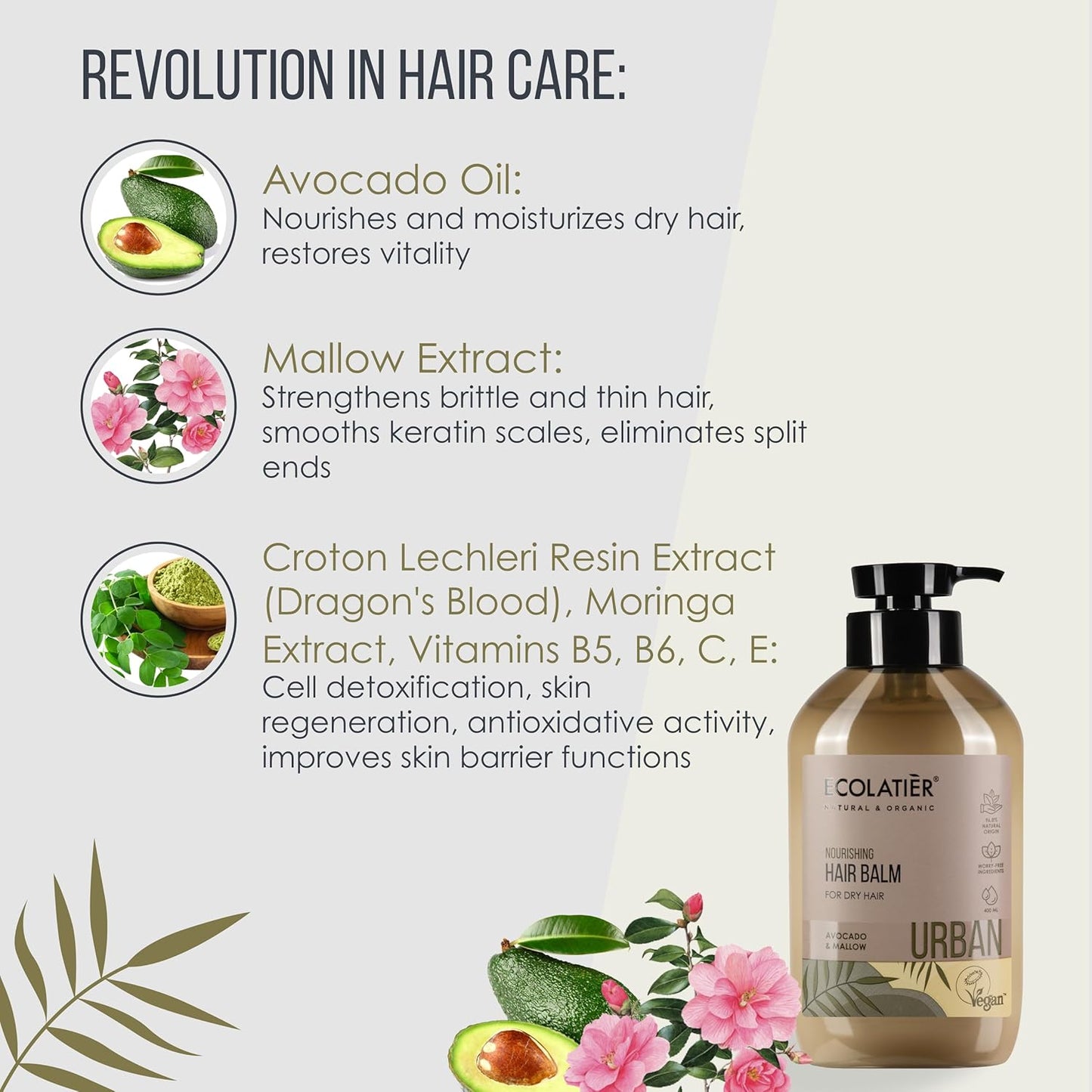 Nourishing Hair Balm for Dry Hair ECOLATIER, URBAN Series - Formulated with Natural Ingredients to Provide Care, Radiant Shine and Overall Health - 13.5 Fl Oz