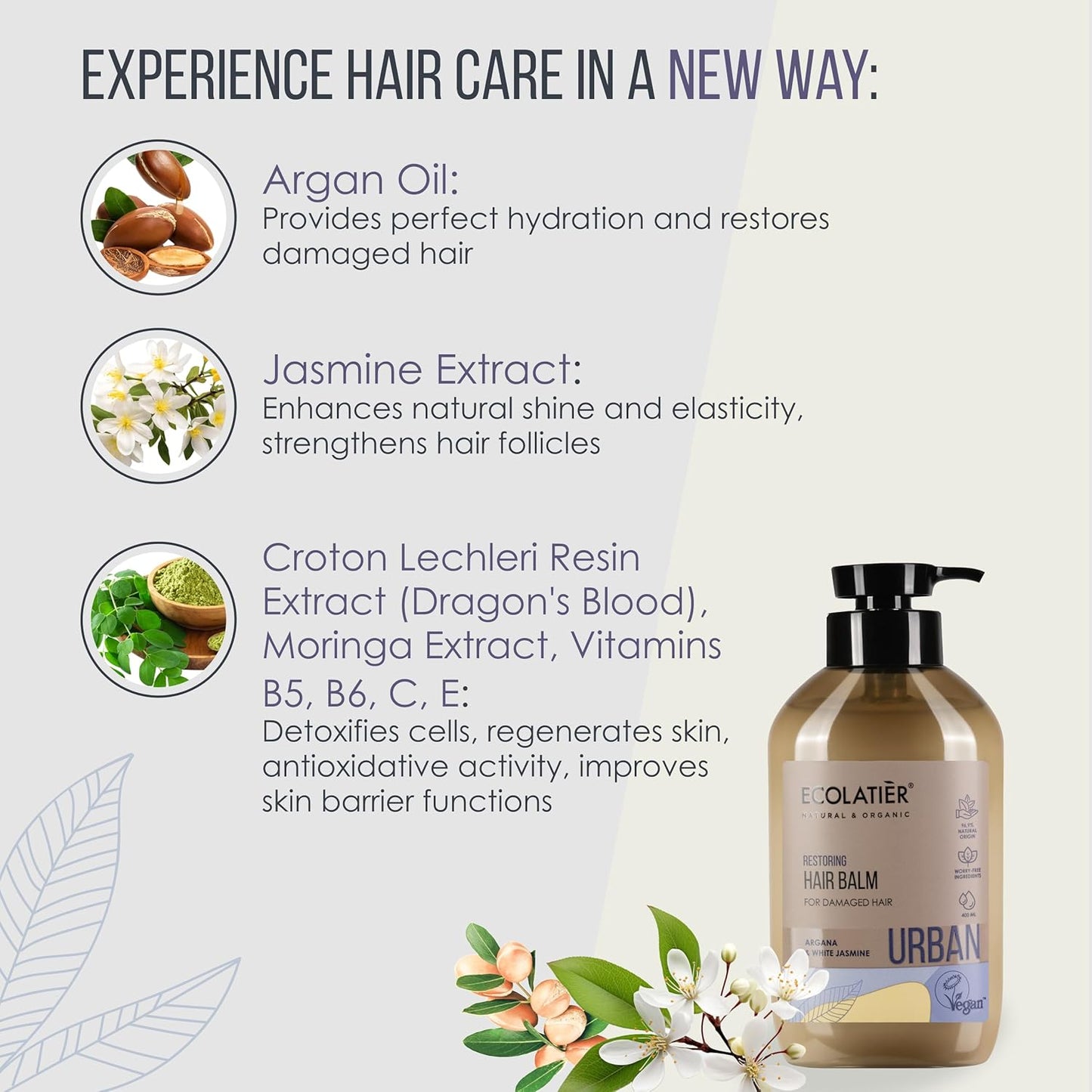 Restoring Hair Balm ECOLATIER,URBAN Series - For Damaged Hair with Anti-Pollution Effect - Natural Ingredients for Radiant Shine and a Healthy Look - 13.5 Fl Oz