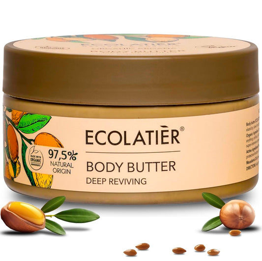 Organic Argana Body Butter for Deep Revival - ECOLATIER, 200ml - 97.5% Natural, Vegan whipped body butter - Nourishing Argan Oil & Shea Butter for Soft Skin - 6.8 Fl Oz