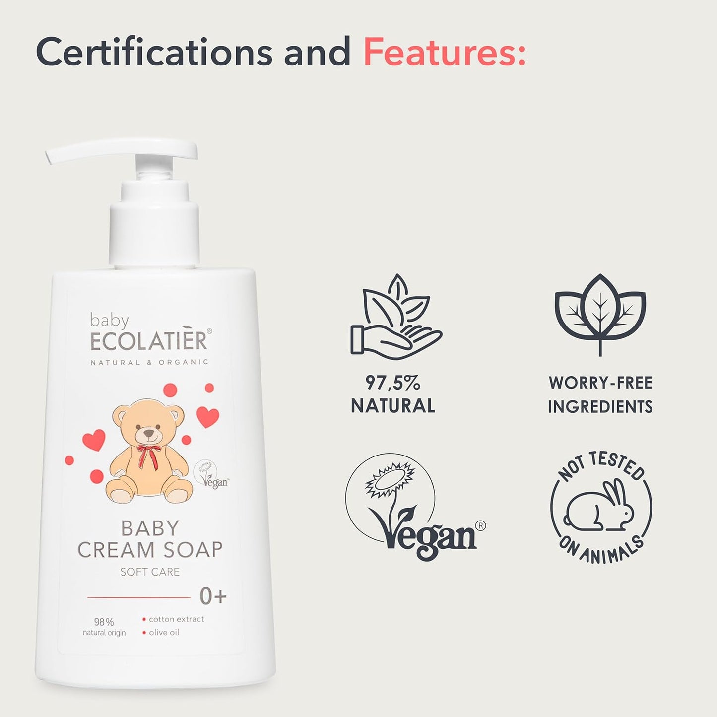 Gentle Baby Cream Soap for Soft and Caring Cleanse, 250ml - With Olive Oil & Cotton Extract, 98% Natural, Vegan kids body wash - Delicate Skin Nourishment - 8.5 Fl Oz