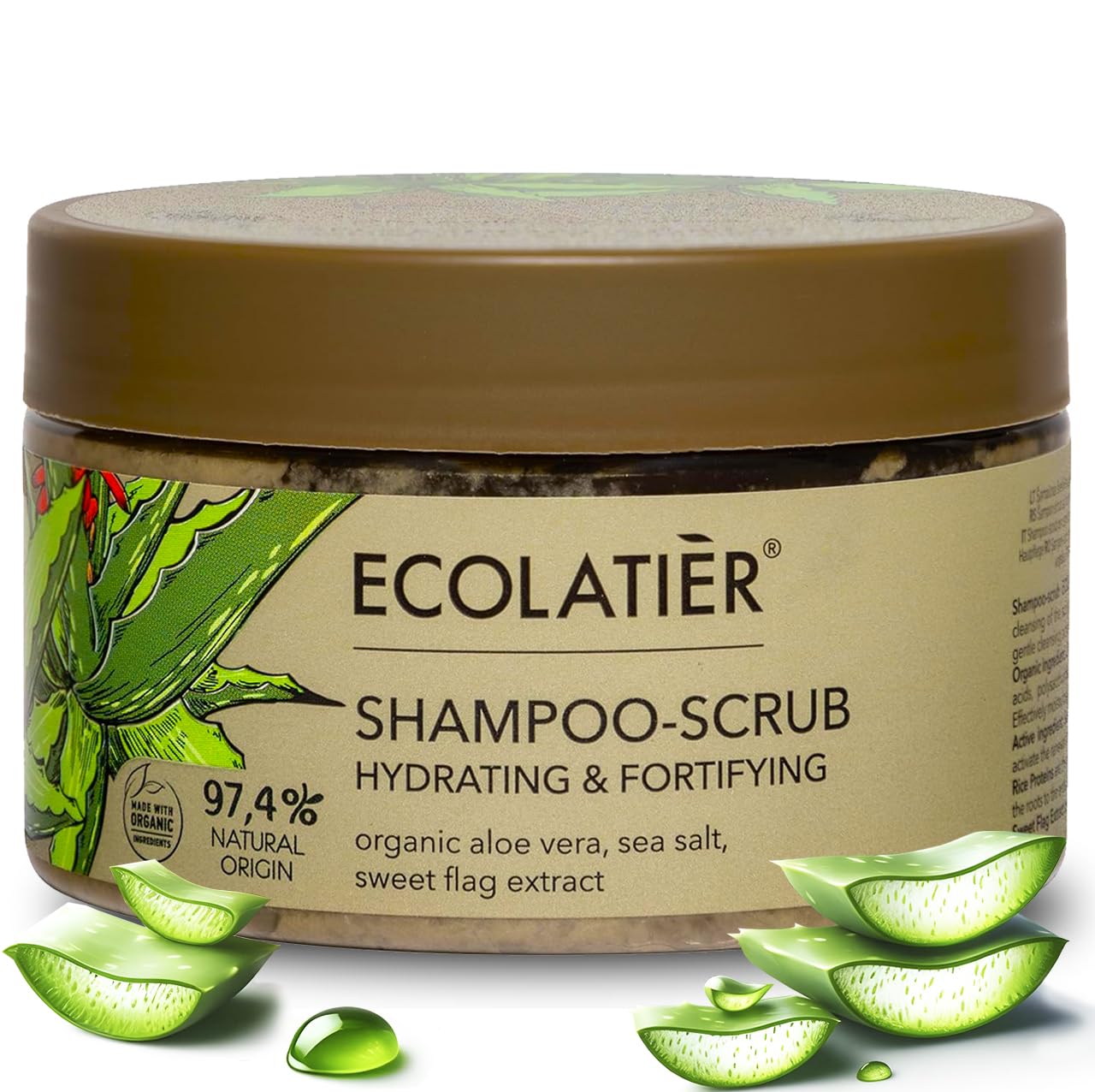 ECOLATIER Shampoo-Scrub Hydrating & Fortifying Organic Aloe Vera, 300 ml - Vegan Certified - 97.4% Natural Origin - Scalp Cleanser and Hair Booster Organic Shampoo