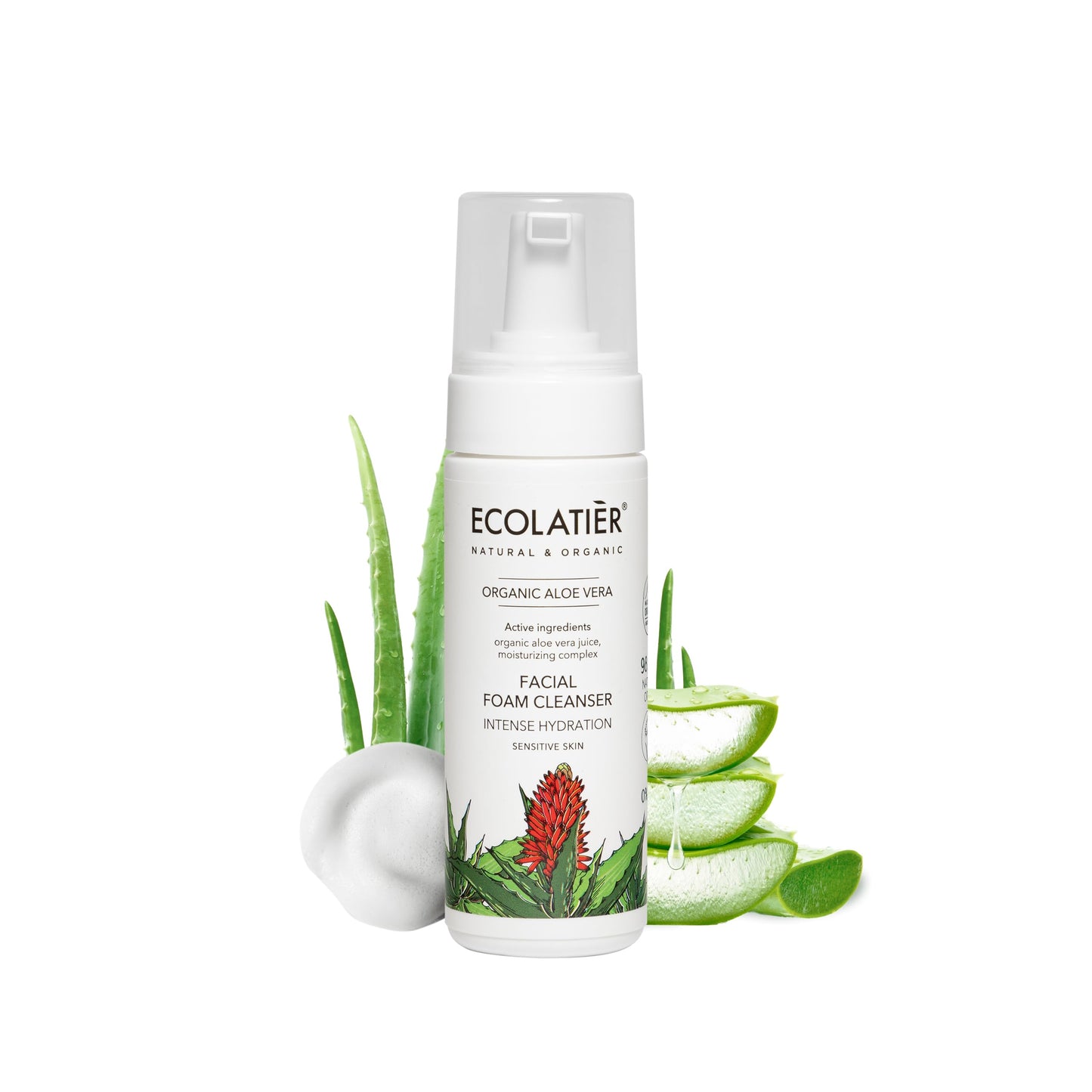 Intensive Hydration Facial Foam Cleanser ECOLATIER - Organic Aloe Vera, 98.6% Natural, Vegan - Deeply Moisturizes and Effectively Removes Makeup - 5.1 Fl Oz