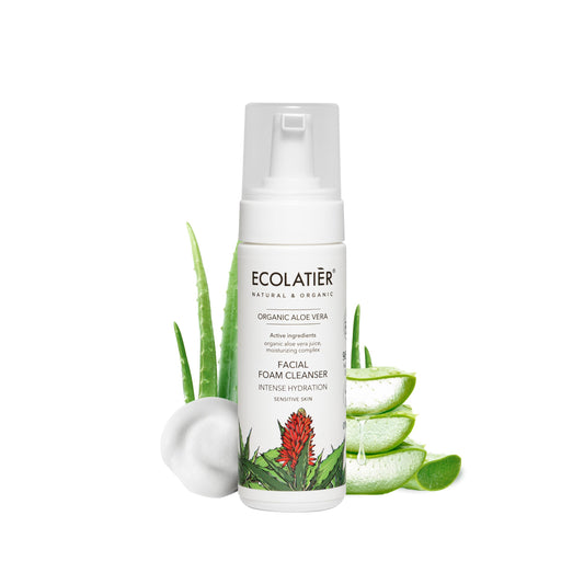 Intensive Hydration Facial Foam Cleanser ECOLATIER - Organic Aloe Vera, 98.6% Natural, Vegan - Deeply Moisturizes and Effectively Removes Makeup - 5.1 Fl Oz