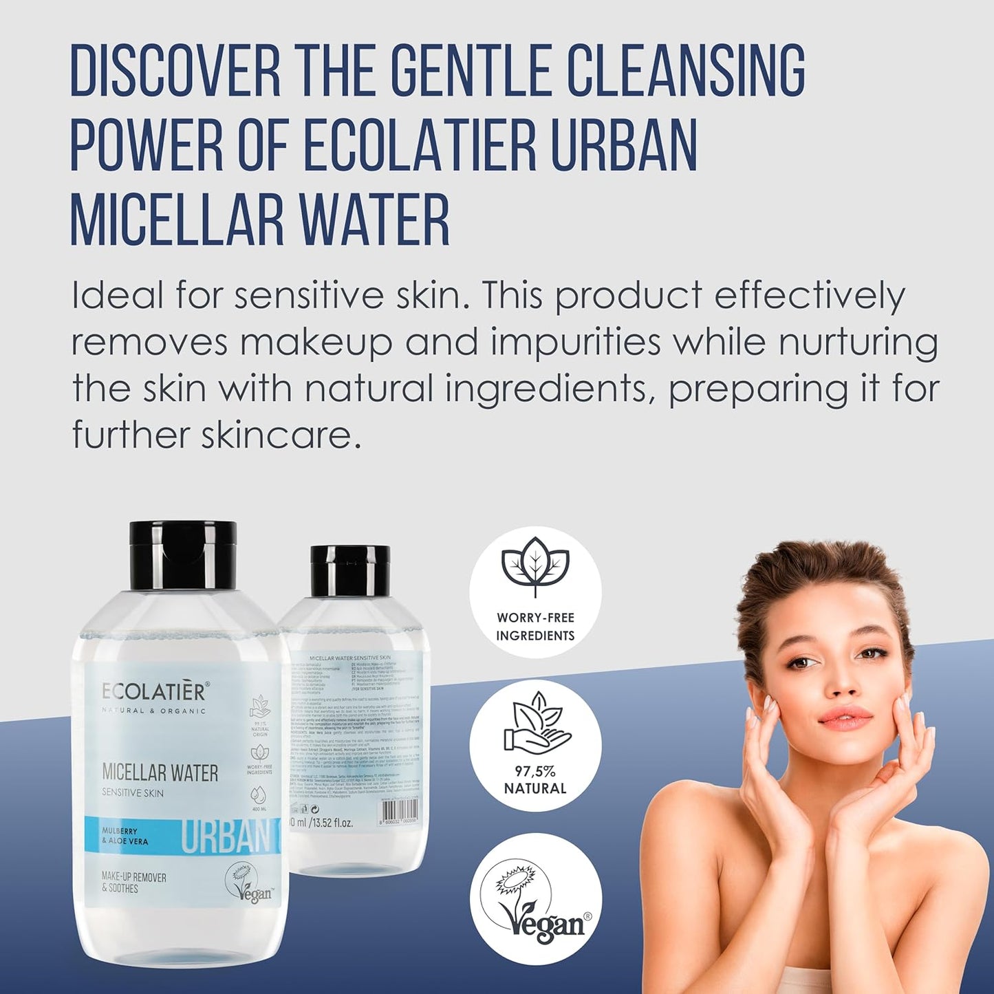 Gentle Micellar Water for Sensitive Skin ECOLATIER, URBAN Series - Offers Mild Cleansing and Care, Perfect for Achieving a Radiant Skin Complexion - 13.5 Fl Oz