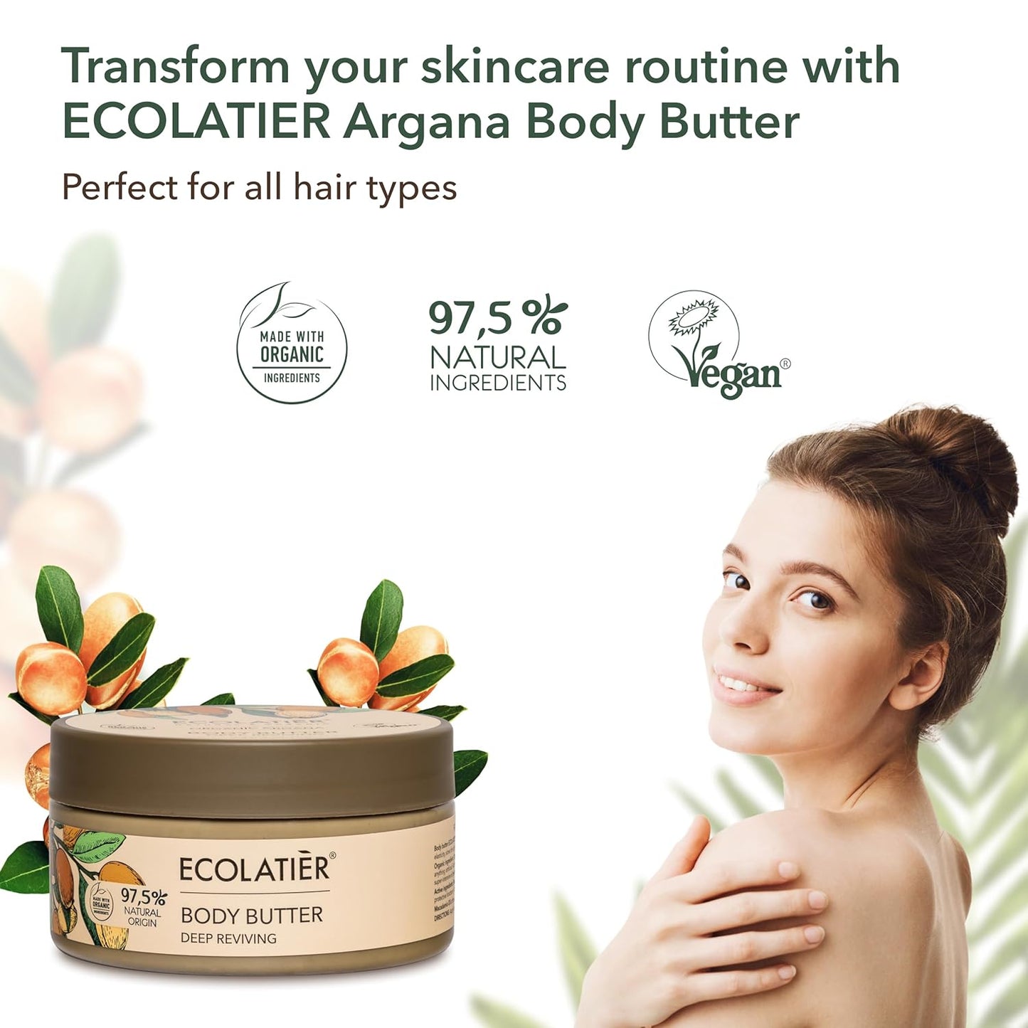 Organic Argana Body Butter for Deep Revival - ECOLATIER, 200ml - 97.5% Natural, Vegan whipped body butter - Nourishing Argan Oil & Shea Butter for Soft Skin - 6.8 Fl Oz