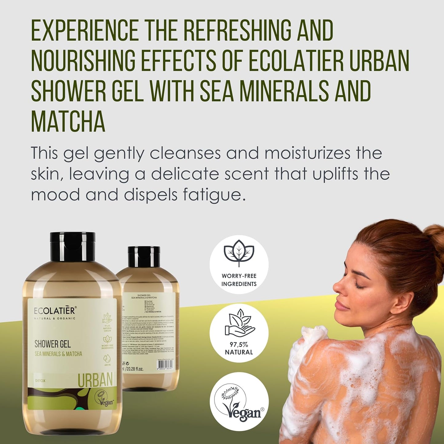 Shower Gel, Sea Minerals & Matcha, URBAN Series ECOLATIER - Energizing and Revitalizing Cleansing Experience with Natural Extracts for Vibrant Skin - 20.3 Fl Oz