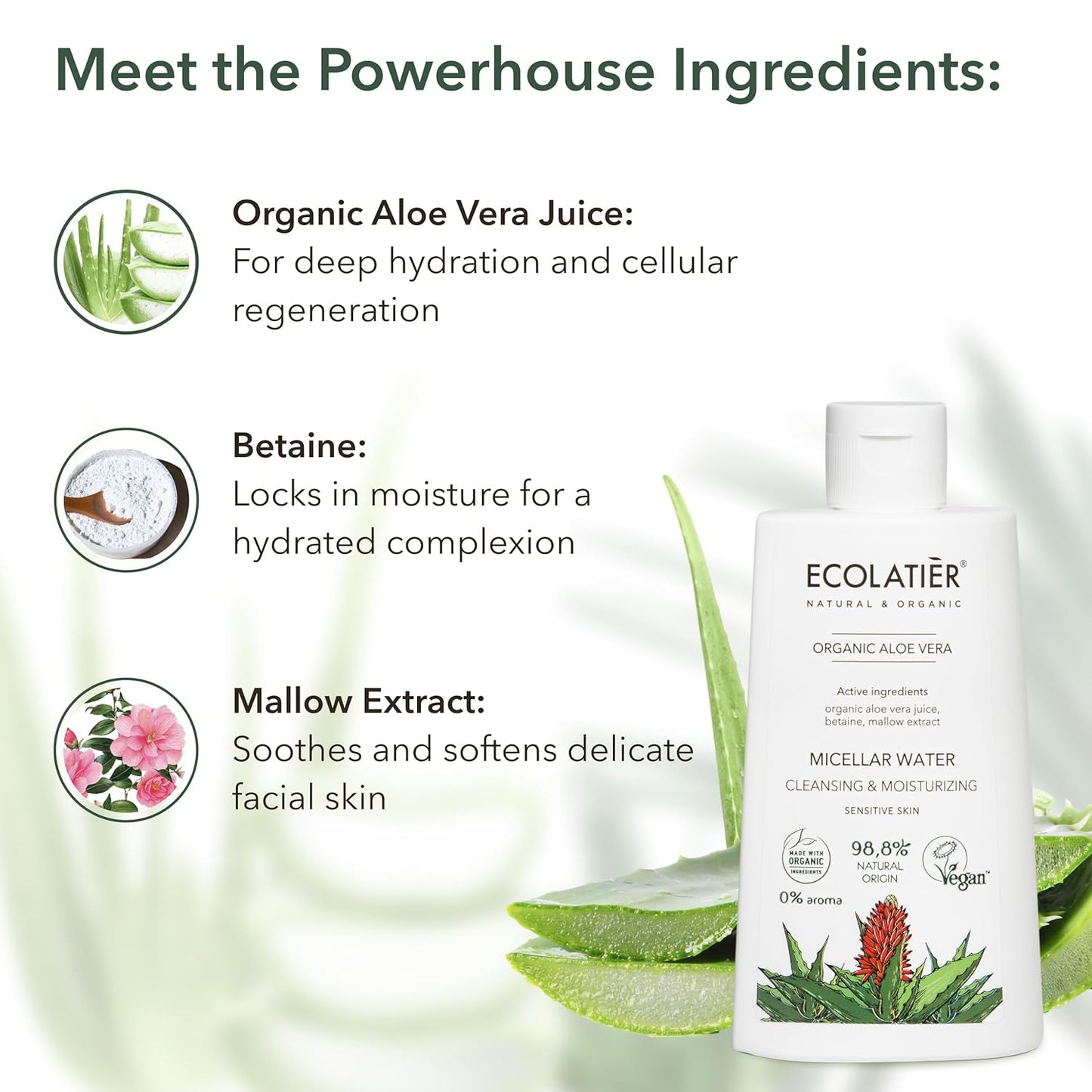 Organic Aloe Vera Cleansing & Moisturizing Micellar Water, 250ml - 98.8% Natural, Vegan make up - Gentle Makeup Remover for Soft, Hydrated Skin - 8.5 Fl Oz