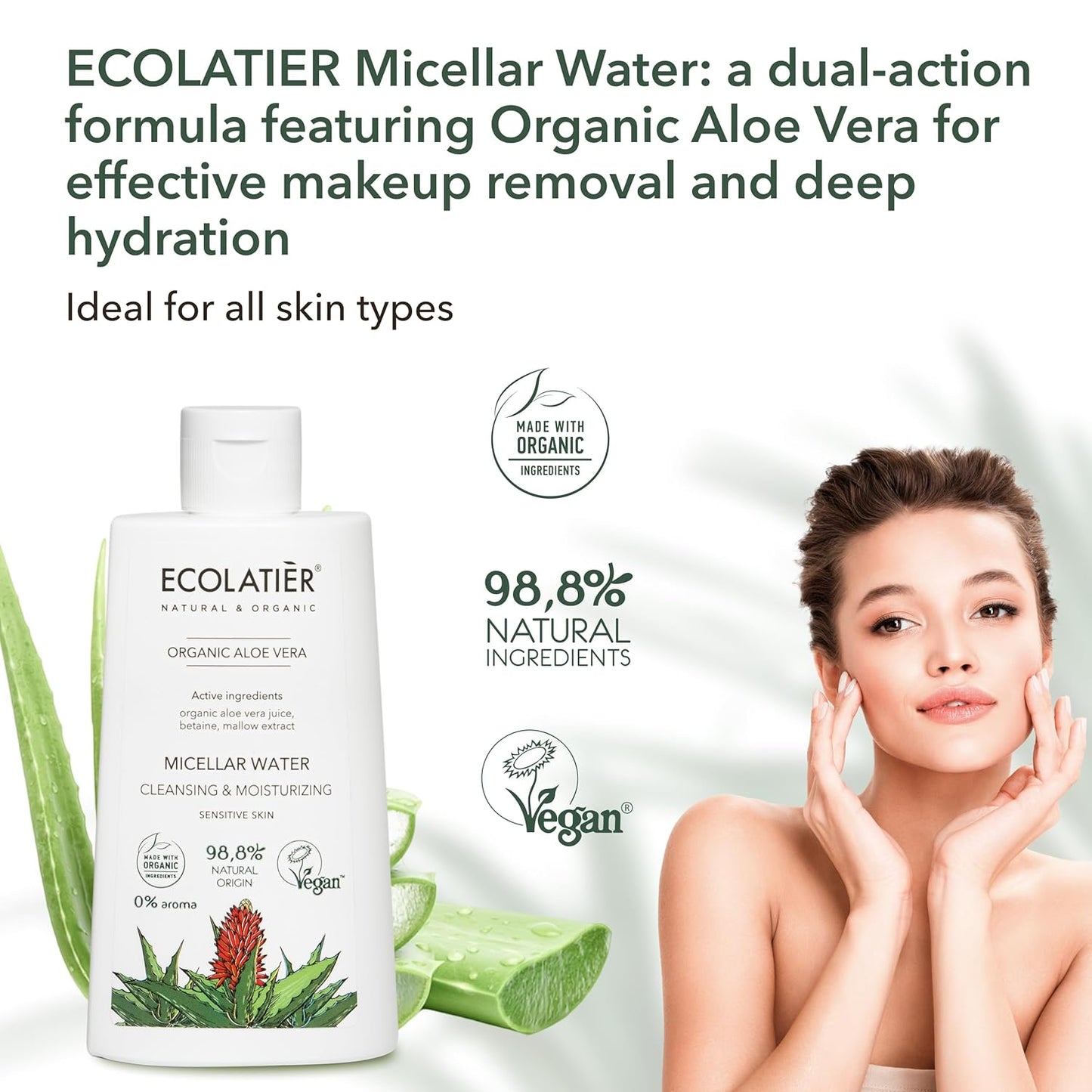 Organic Aloe Vera Cleansing & Moisturizing Micellar Water, 250ml - 98.8% Natural, Vegan make up - Gentle Makeup Remover for Soft, Hydrated Skin - 8.5 Fl Oz