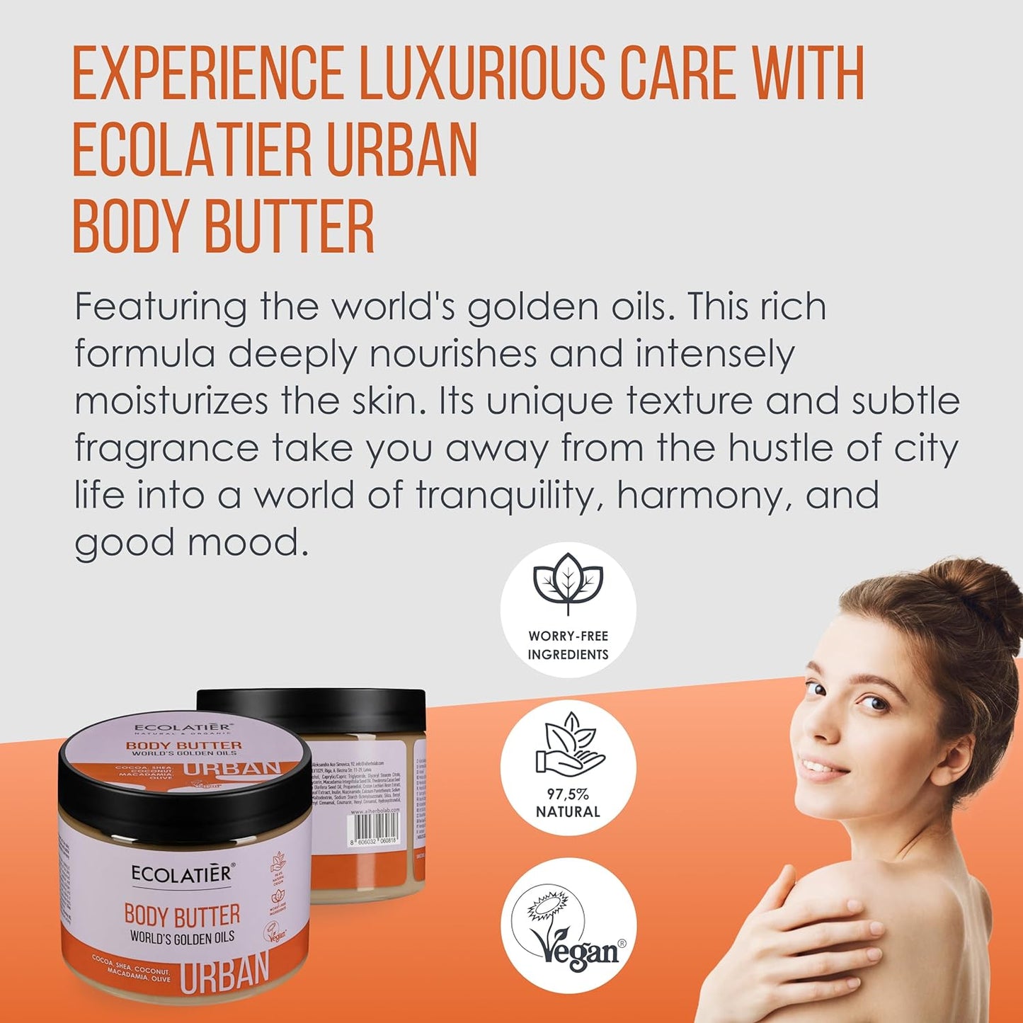 Body Butter, World's Golden Oils ECOLATIER®, URBAN Series - Luxurious Deep Care for Smooth Skin and Enhanced Well-being, Infused with Exquisite Oils - 12.9 Fl Oz