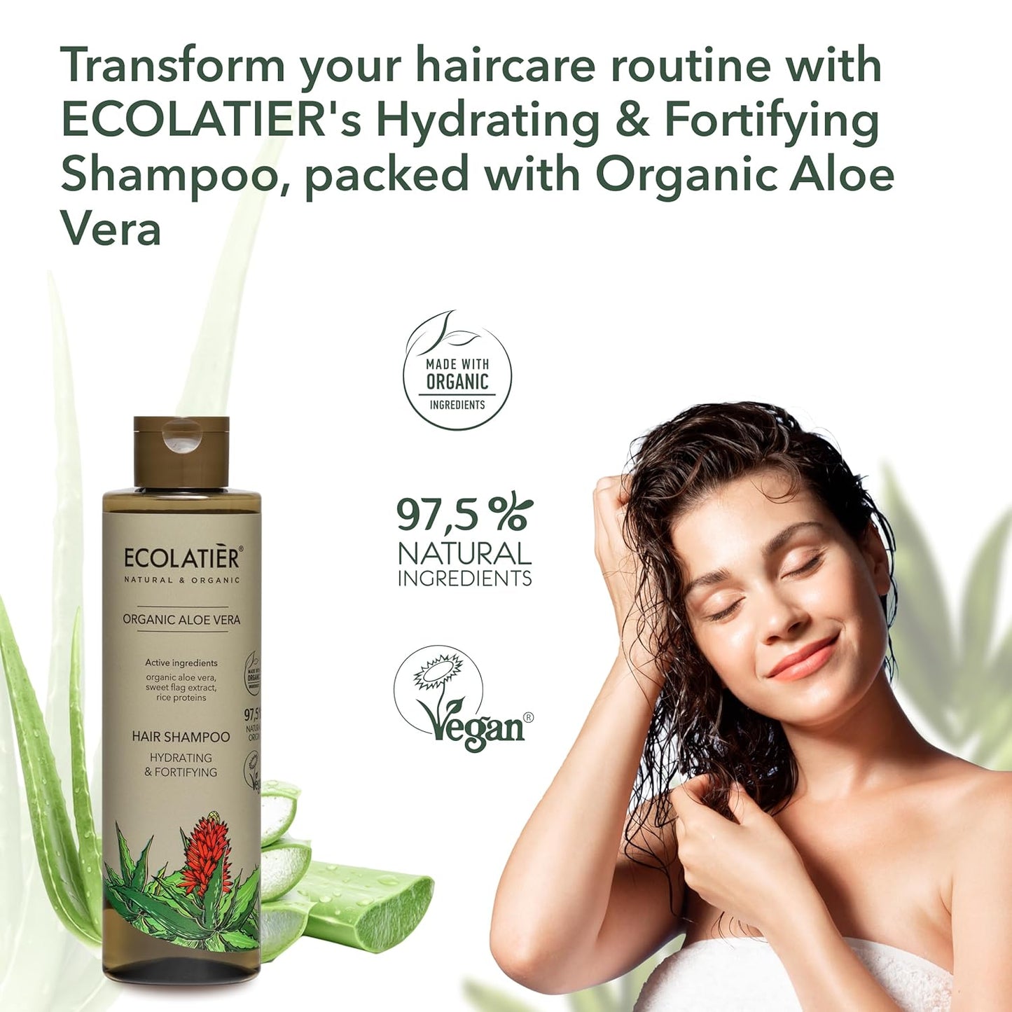 Hydrating & Strengthening Hair Shampoo with Organic Aloe Vera - ECOLATIER, 250ml - 97.5% Natural, Vegan shampoo for women - Rice Proteins & Sweet Flag shampoo for thinning hair for women - 8.5 Fl Oz