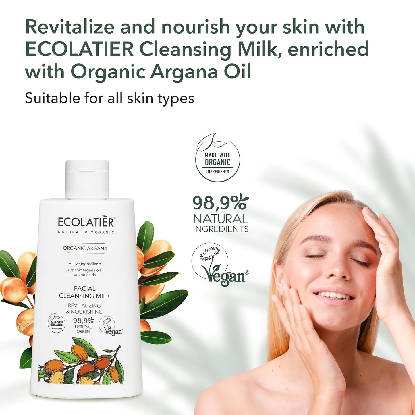 Revitalizing & Nourishing Facial Cleansing Milk with Organic Argana Oil, 250ml - 98.9% Natural, Vegan - Cleanses, and Nourishes for Radiant Skin - 8.5 Fl Oz