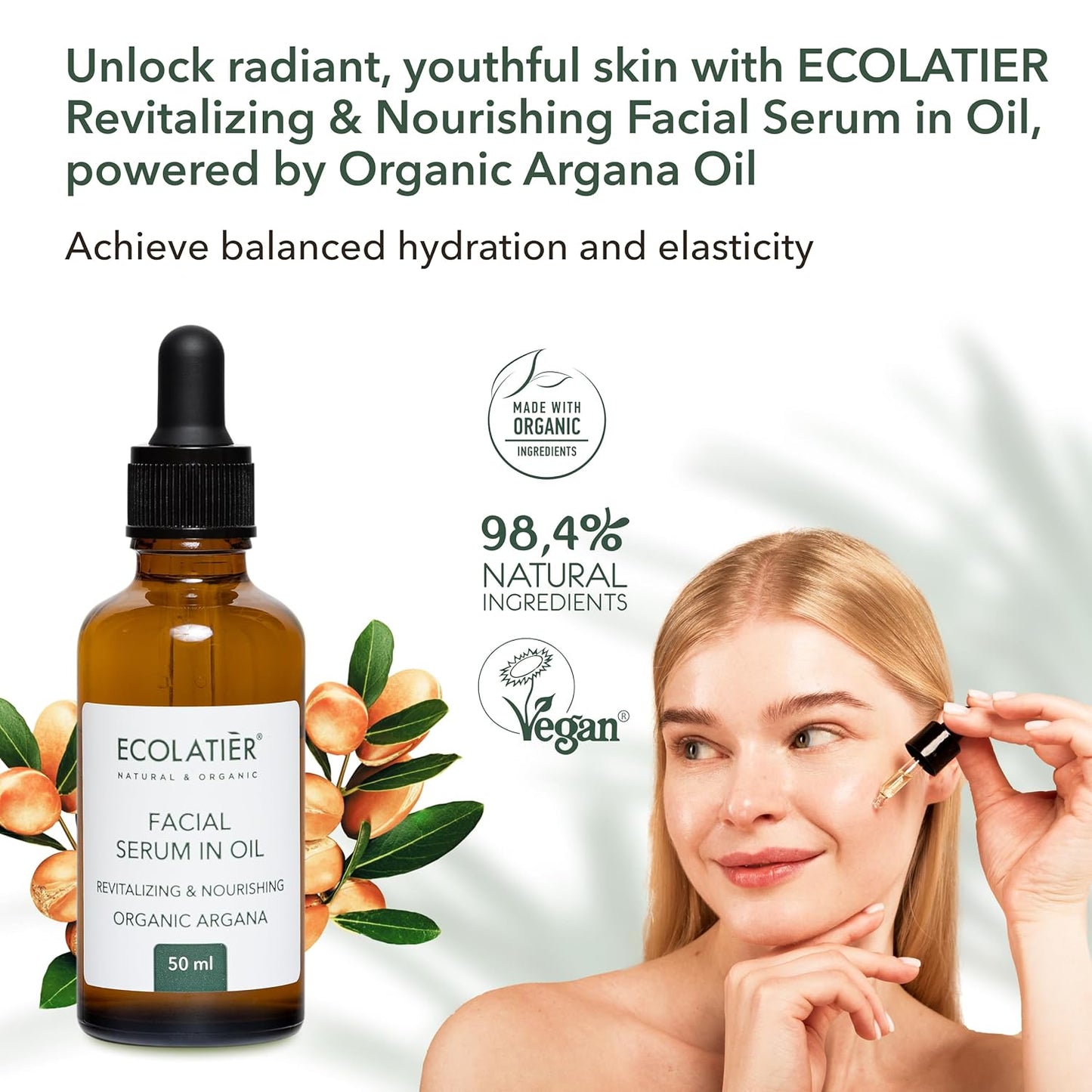 Revitalizing & Nourishing Organic Argana Facial Serum in Oil, 50ml - Hydration & Elasticity, 98.4% Natural, Vegan face serum for women - For Vibrant, Youthful Skin - 1.7 FL Oz