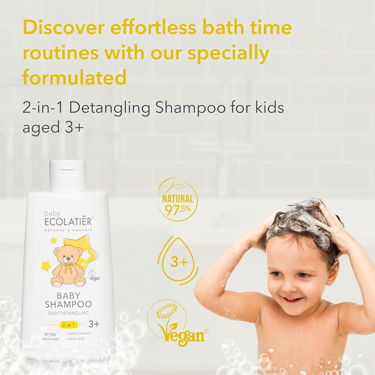 Baby Shampoo & Body Wash 2-in-1 Gentle, Hypoallergenic, and Tear-Free kids shampoo - Cotton Extract& Lactic Acid for Easy Detangling - Kids shampoo and conditioner 3+ - 8.5 Fl Oz