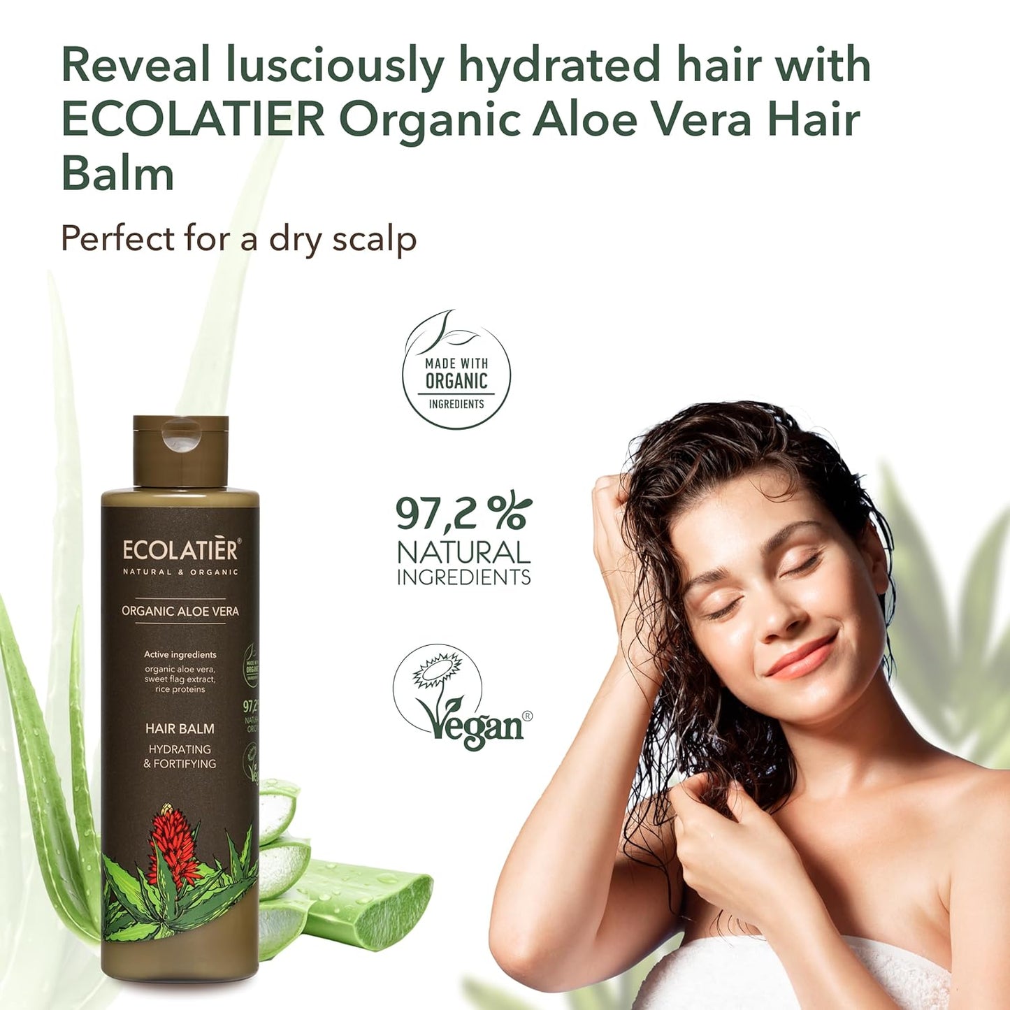 Moisturizing Hair Balm, Organic Aloe Vera hair conditioner, Hydration & Strength - ECOLATIER, 250ml - 97.2% Natural, Veganhair conditioner - Deep Conditioning Hair Mask For Healthier Hair 8.5 Fl Oz