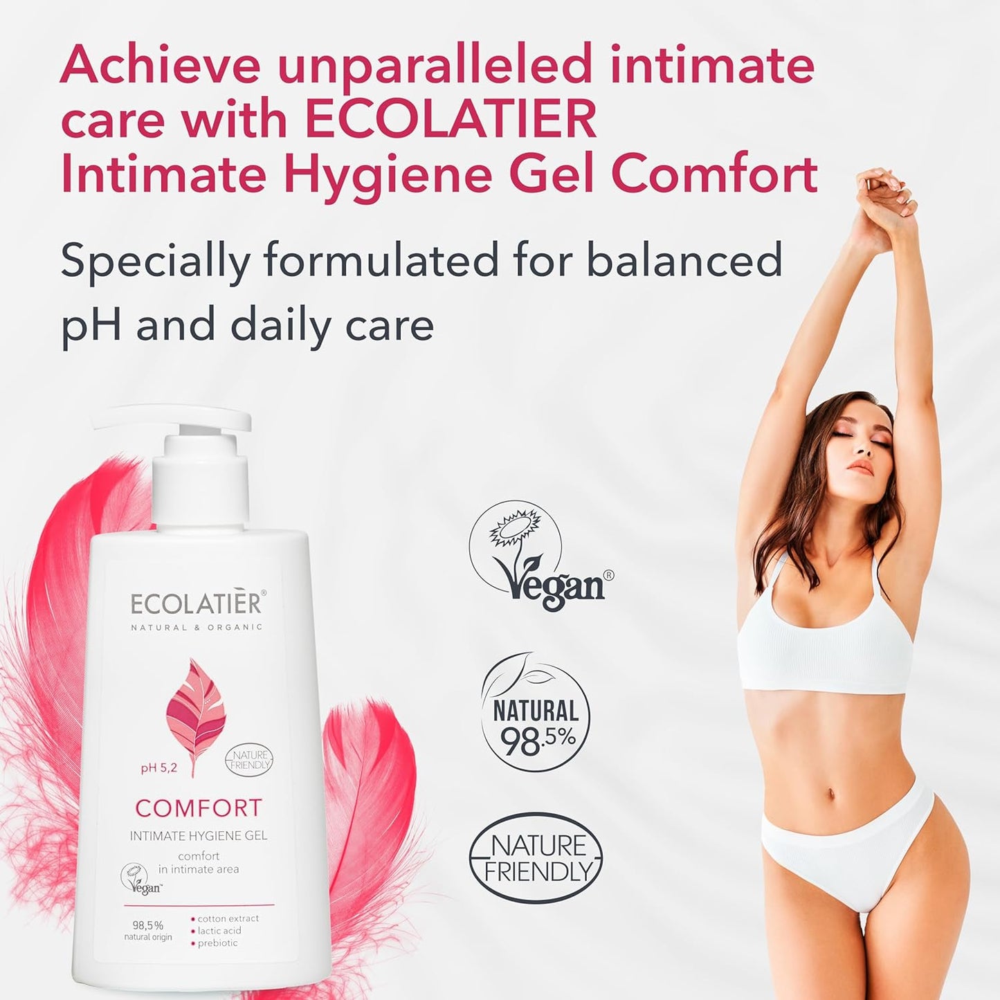 Comfort Intimate Hygiene Gel, 250ml — Vegan Certified, 98.5% Natural - pH Balanced for Daily Intimate Care - Gentle and Soothing Wash, pH Balanced feminine care - Ecolatier - 8.5 Fl Oz