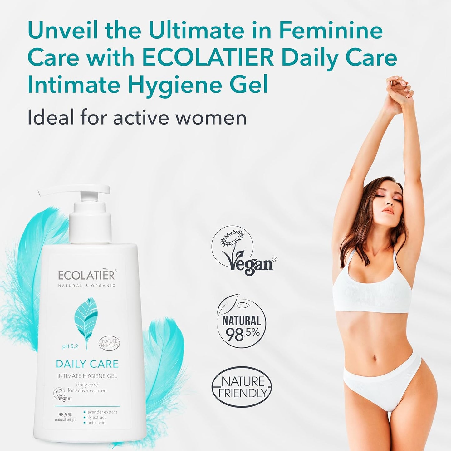 Daily Care Intimate Hygiene Gel, 250ml - Vegan, 98% Natural - pH Balanced, Ideal for Active Young Women - Supports Daily Intimate Wellness and Feminine Care - Ecolatier - 8.5 Fl Oz