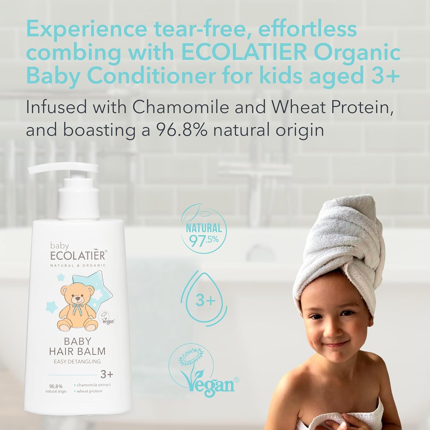 Nourishing Baby Hair Balm Conditioner for Easy Detangling 3+, 250ml - With Chamomile & Wheat Protein, 96.8% Natural, Vegan Baby Conditioner - Softens and Nourishes Delicate Hair - 8.5 Fl Oz