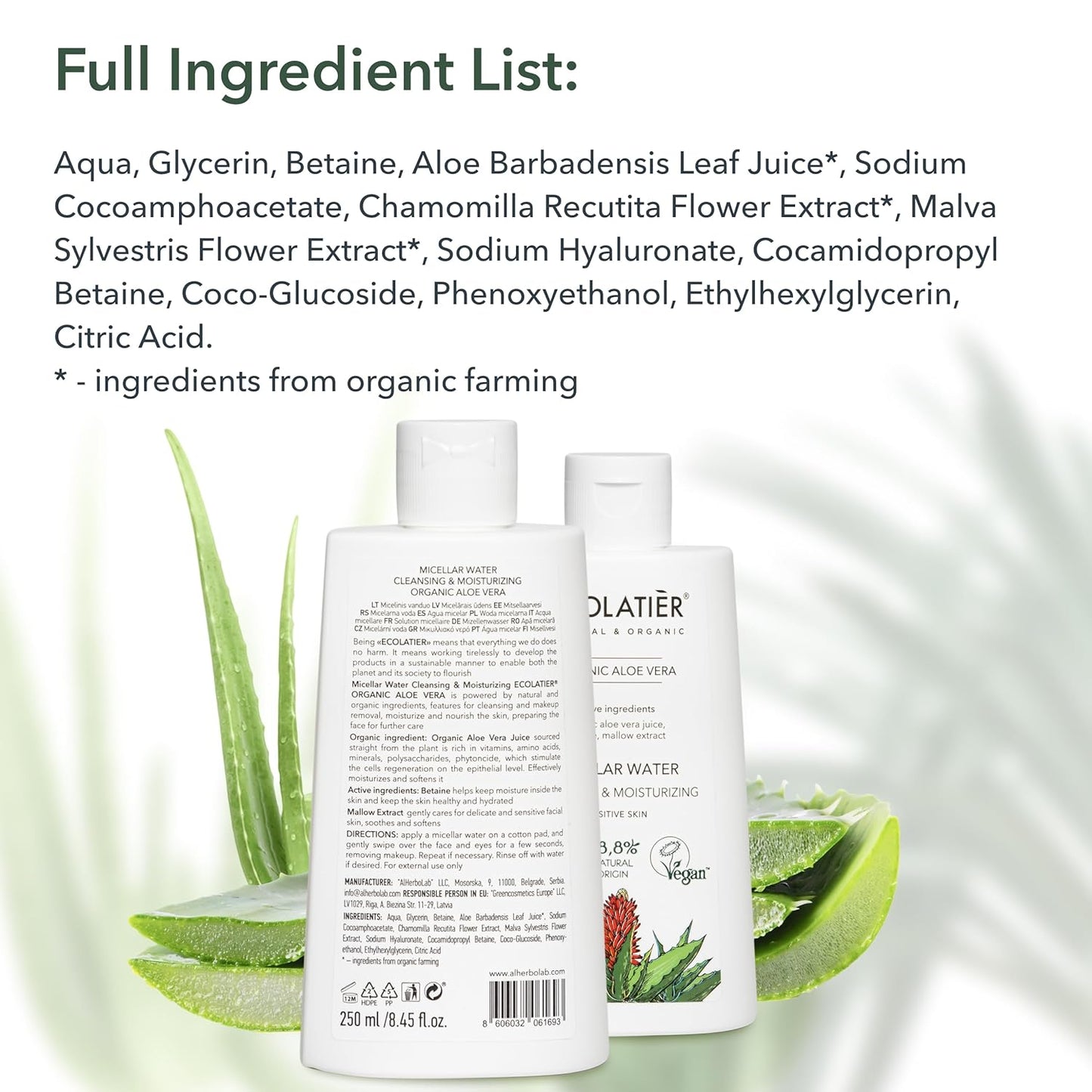Organic Aloe Vera Cleansing & Moisturizing Micellar Water, 250ml - 98.8% Natural, Vegan make up - Gentle Makeup Remover for Soft, Hydrated Skin - 8.5 Fl Oz