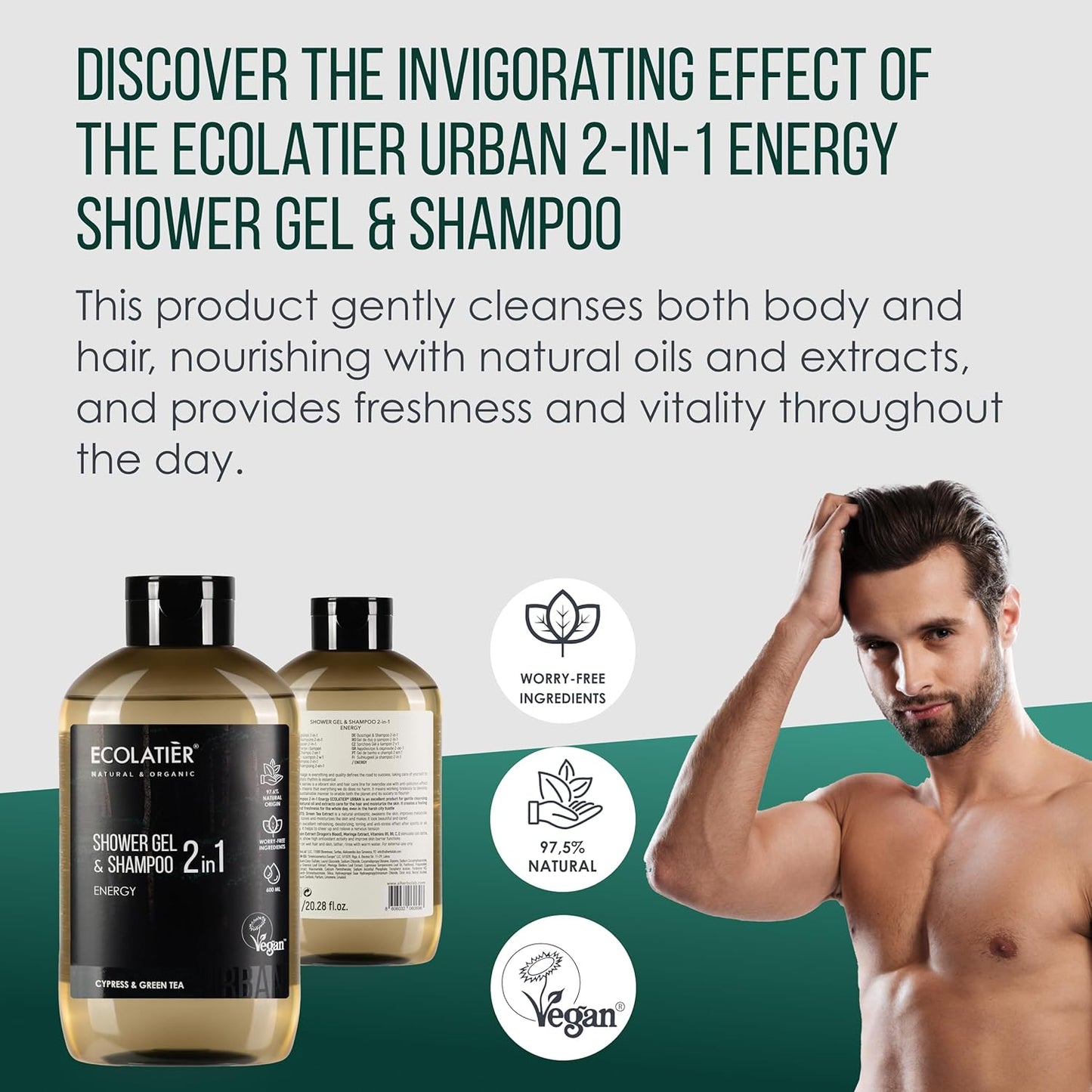 Shower Gel & Shampoo 2 in 1 Energy - ECOLATIER, URBAN Series - Refreshing & Revitalizing Formula, Comprehensive Body & Hair Cleansing, Green Tea Extract - 20.3 Fl Oz