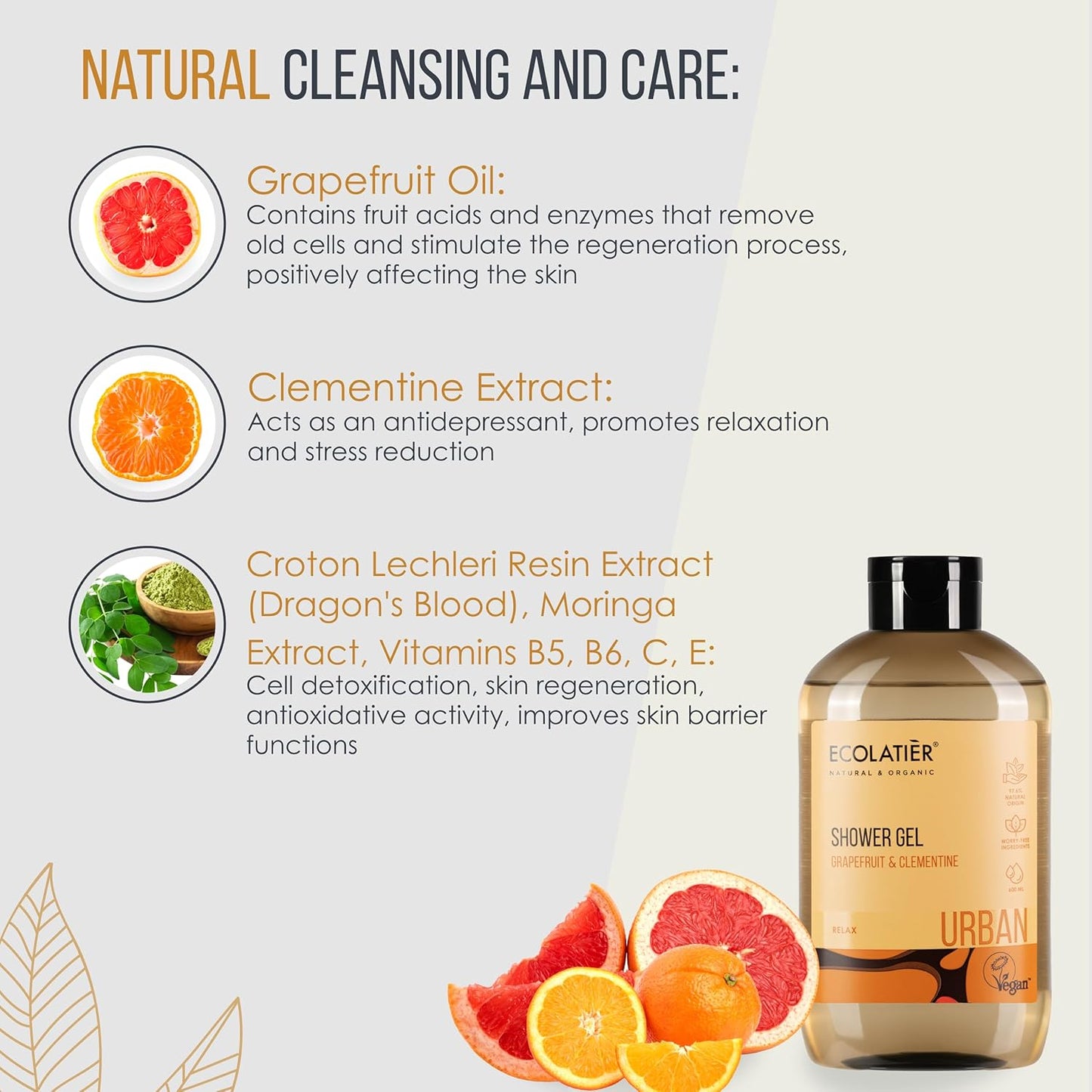 Grapefruit & Clementine Revitalizing Shower Gel ECOLATIER, URBAN Series - Enriched with Natural Extracts for an Unmatched Revitalizing Freshness Experience - 20.3 Fl Oz