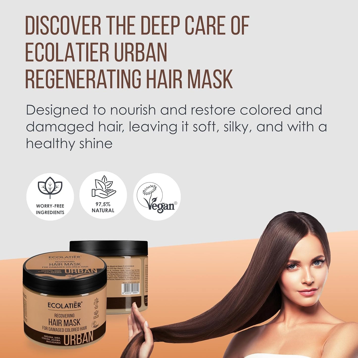 Recovering Hair Mask for Colored ECOLATIER, Damaged Hair, URBAN Series - Enriched with Nutrients for Restoring Smoothness & Shine, For Treated Hair - 12.9 Fl Oz