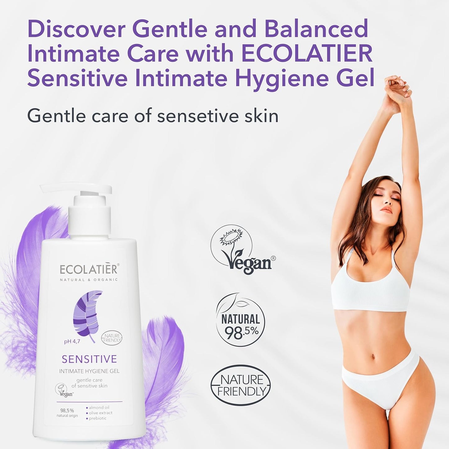 Sensitive Intimate Hygiene Gel, 250ml — Vegan Certified, 98.5% Natural Ingredients - Feminine care designed for Sensitive Skin, Gentle Daily Intimate Care, ph balance feminine wash. - 8.5 Fl Oz