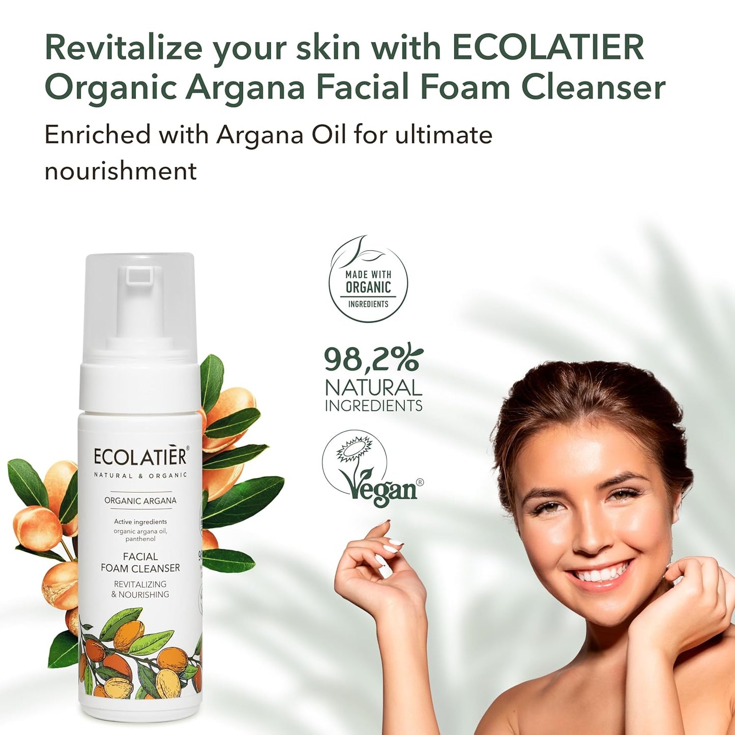 Organic Argana Revitalizing & Nourishing Facial Foam Cleanser, 150ml - Vegan, 98.2% Natural - Argana Oil & Panthenol for Skin Revitalization - 5.1 Fl Oz