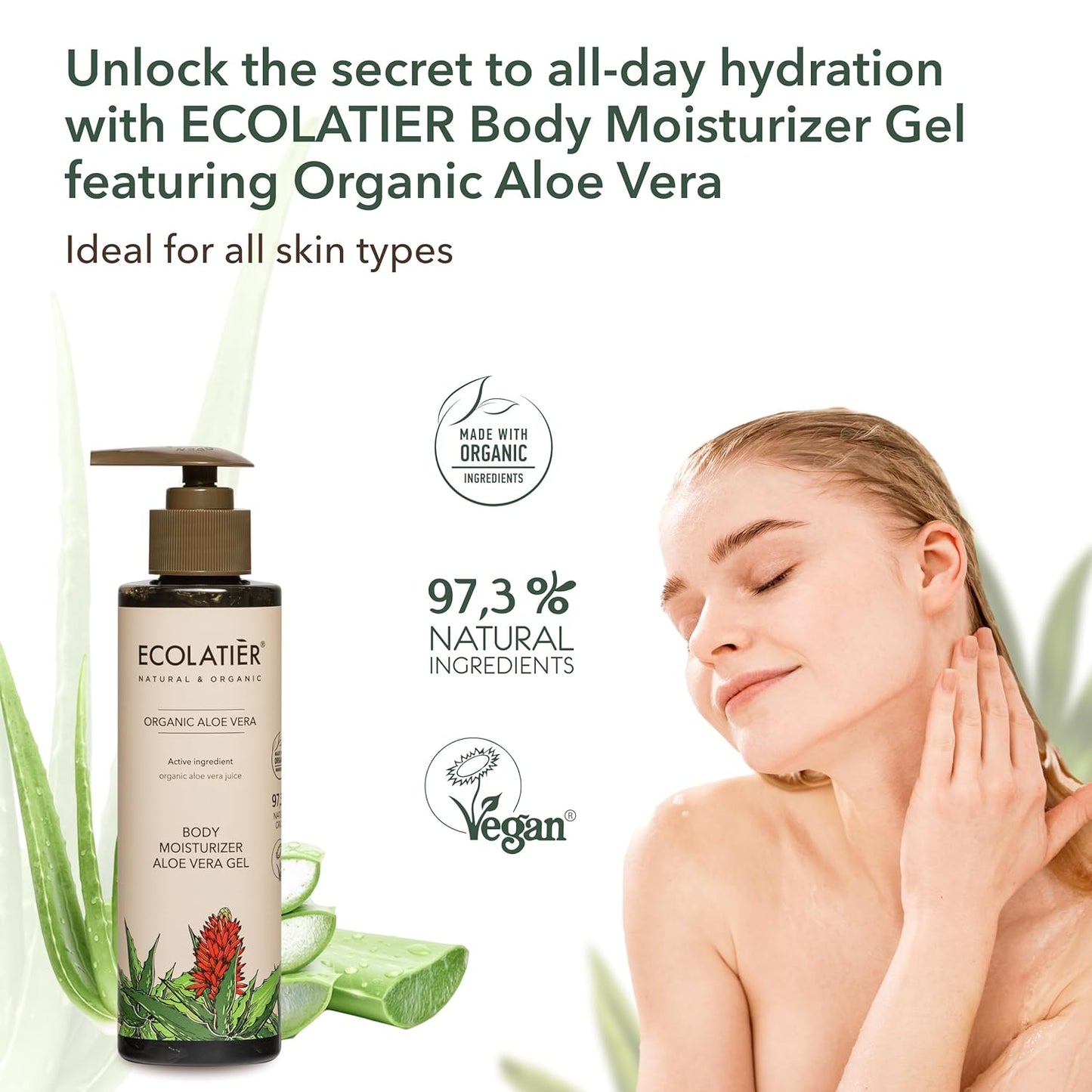 Organic Aloe Vera Body Moisturizer Gel, ECOLATIER - 97.3% Natural, Vegan aloe vera gel for face - Intensive Hydration & Skin Toning - 6.7 Fl Oz