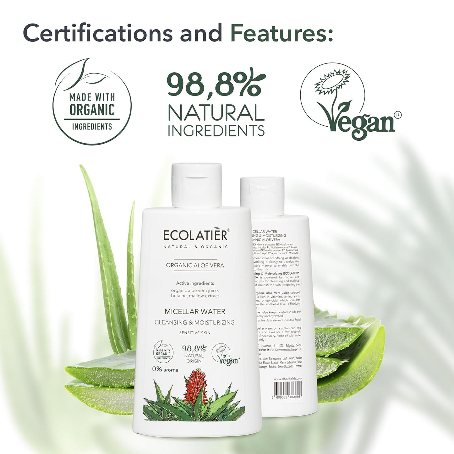 Organic Aloe Vera Cleansing & Moisturizing Micellar Water, 250ml - 98.8% Natural, Vegan make up - Gentle Makeup Remover for Soft, Hydrated Skin - 8.5 Fl Oz