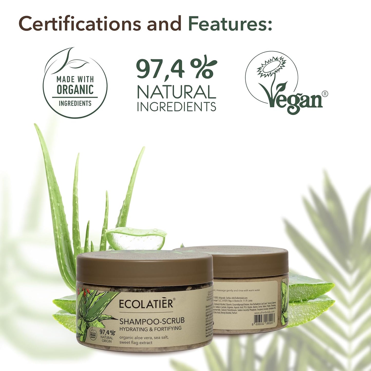 ECOLATIER Shampoo-Scrub Hydrating & Fortifying Organic Aloe Vera, 300 ml - Vegan Certified - 97.4% Natural Origin - Scalp Cleanser and Hair Booster Organic Shampoo