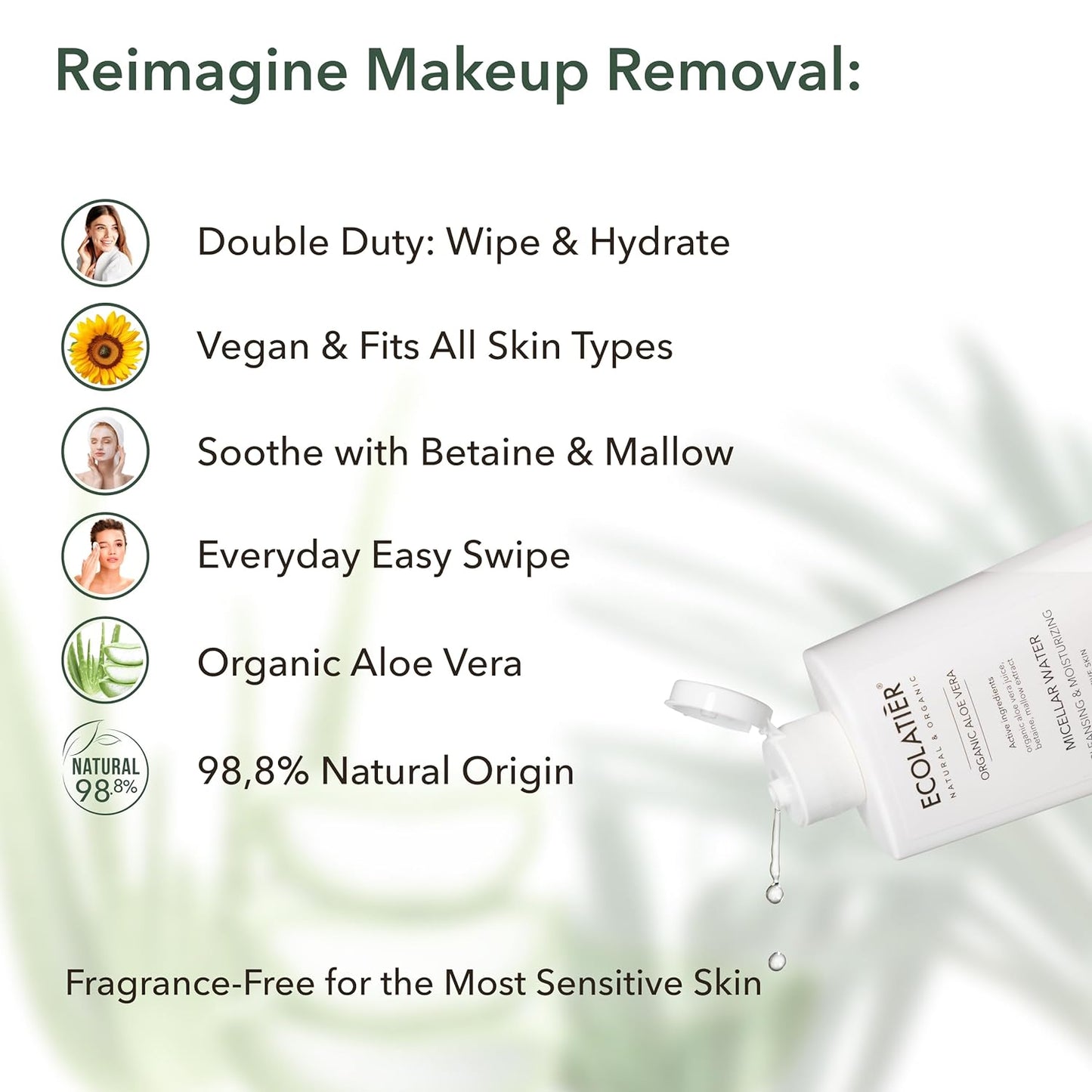 Organic Aloe Vera Cleansing & Moisturizing Micellar Water, 250ml - 98.8% Natural, Vegan make up - Gentle Makeup Remover for Soft, Hydrated Skin - 8.5 Fl Oz