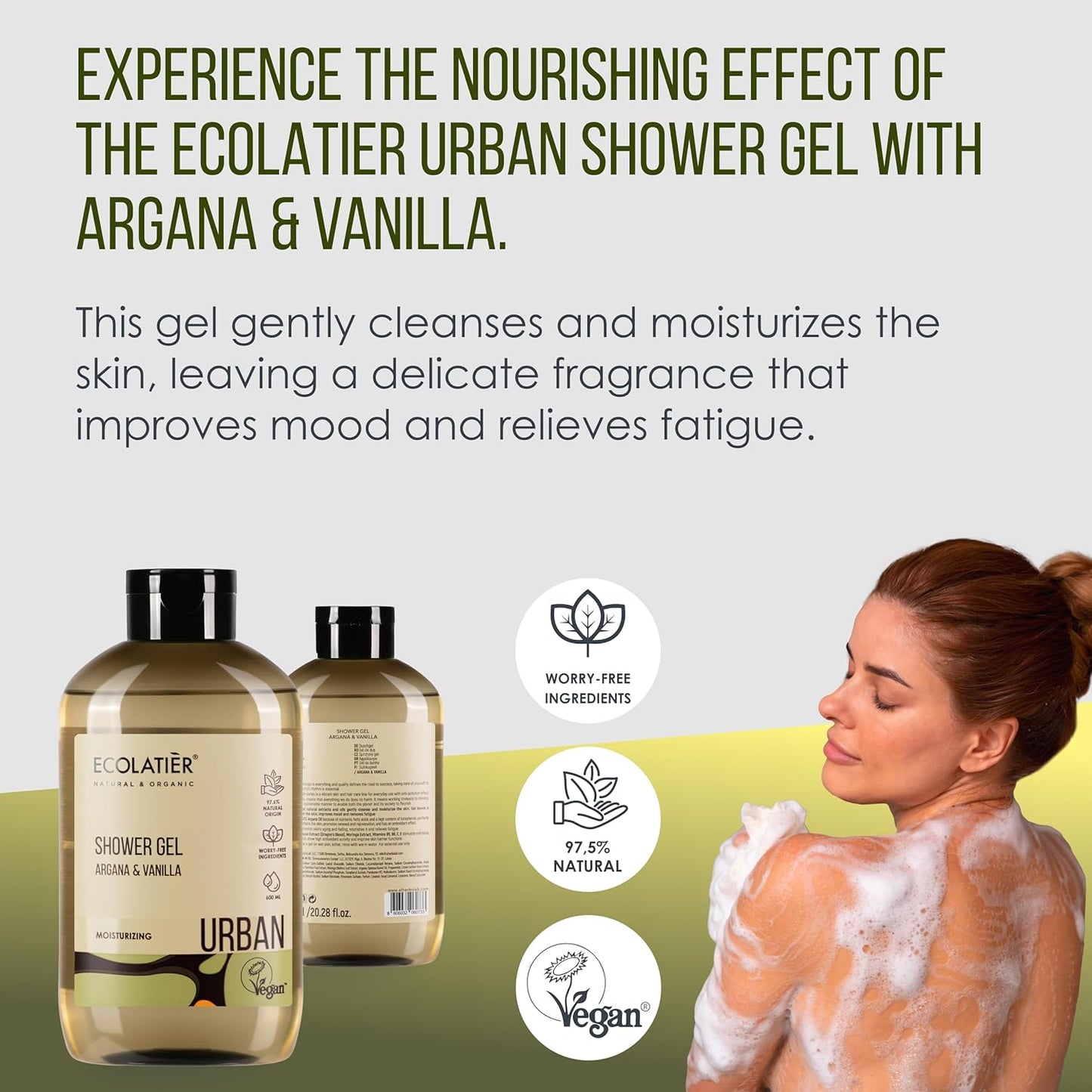 Shower Gel, Argana & Vanilla ECOLATIER, URBAN Series - Gentle Cleansing with a Pampering Scent for Daily Indulgence, Dragon’s Blood, Moringa Extract - 20.3 Fl Oz