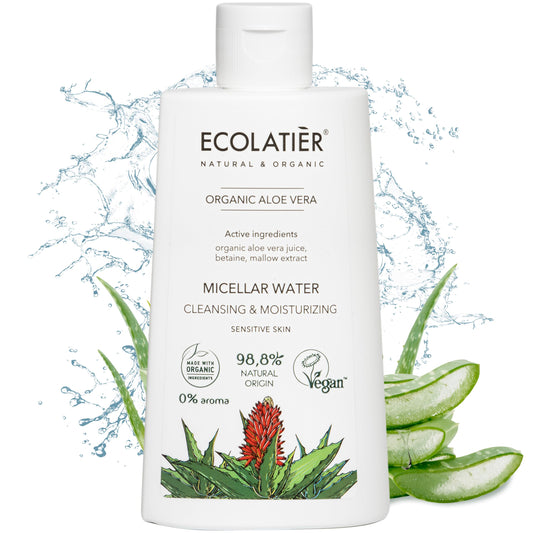 Organic Aloe Vera Cleansing & Moisturizing Micellar Water, 250ml - 98.8% Natural, Vegan make up - Gentle Makeup Remover for Soft, Hydrated Skin - 8.5 Fl Oz