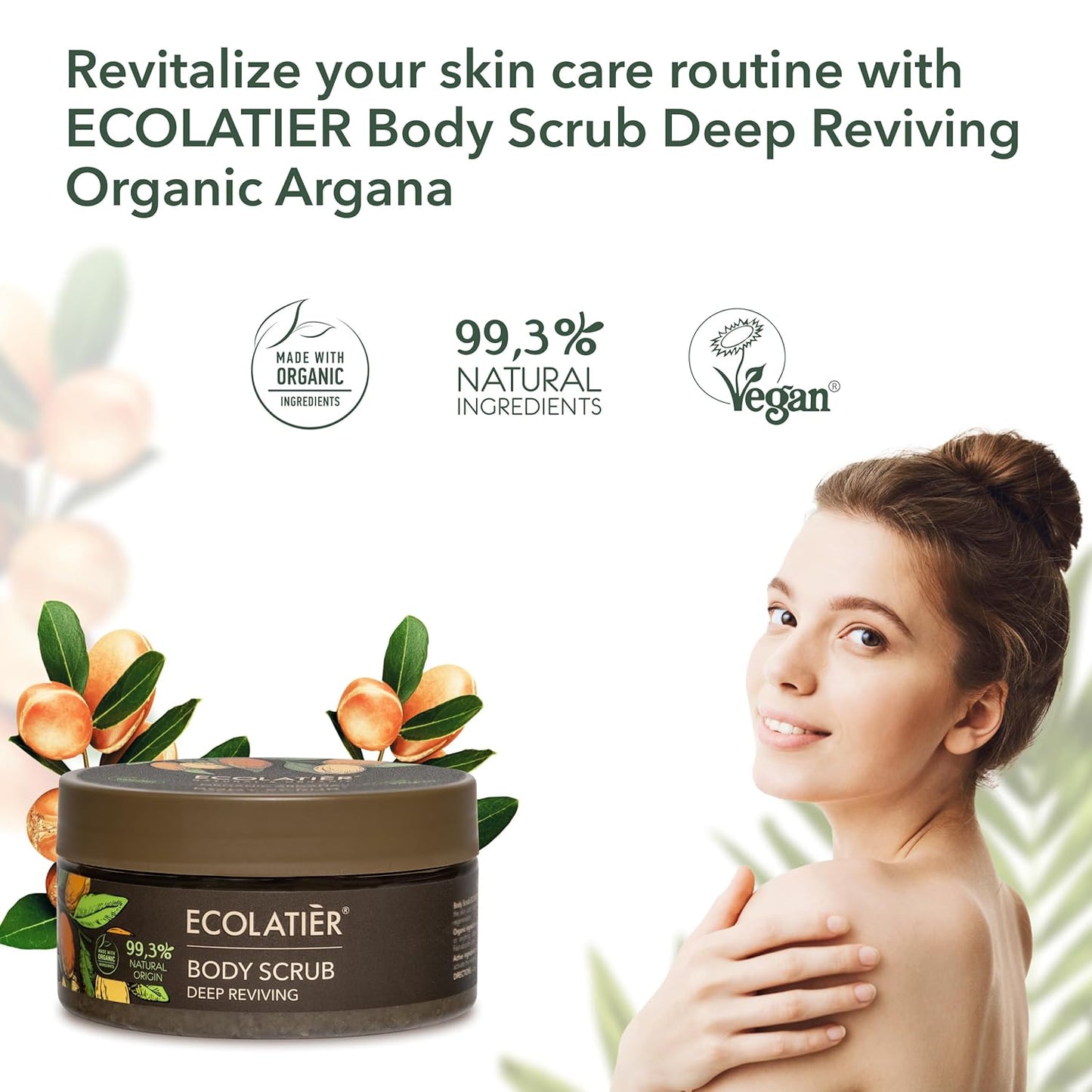 Organic Argana Deep Reviving Body Scrub - ECOLATIER, 300g - 99.3% Natural, Vegan body exfoliator - Exfoliating with Sea Salt & Primrose Oil exfoliating body scrub - 10.6 Oz