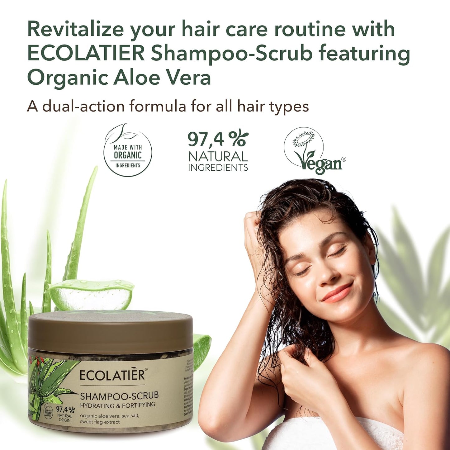 ECOLATIER Shampoo-Scrub Hydrating & Fortifying Organic Aloe Vera, 300 ml - Vegan Certified - 97.4% Natural Origin - Scalp Cleanser and Hair Booster Organic Shampoo