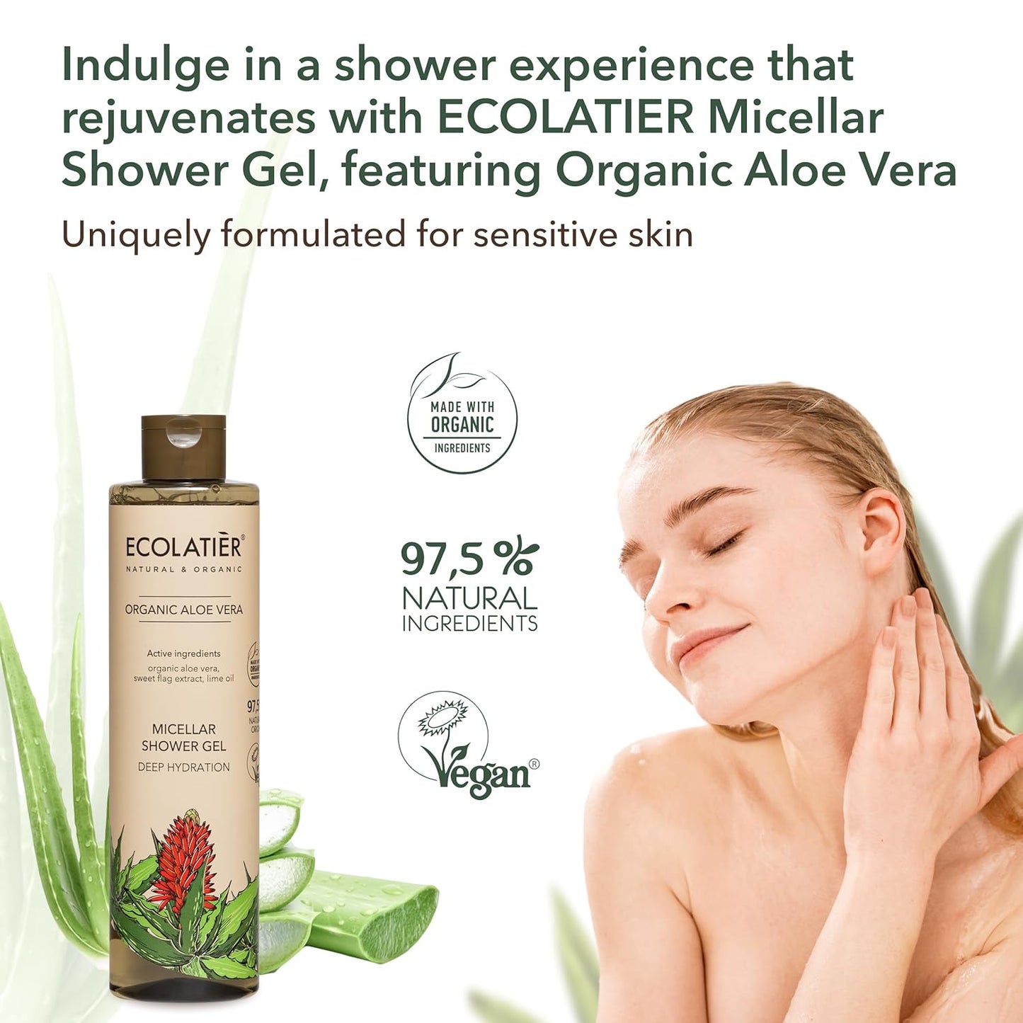 Micellar Shower Gel with Organic Aloe Vera for Deep Hydration ECOLATIER, 350ml - Vegan organic body wash, 97.5% Natural Ingredients - Natural Body Wash for Intense Hydration - 11.8 Fl Oz