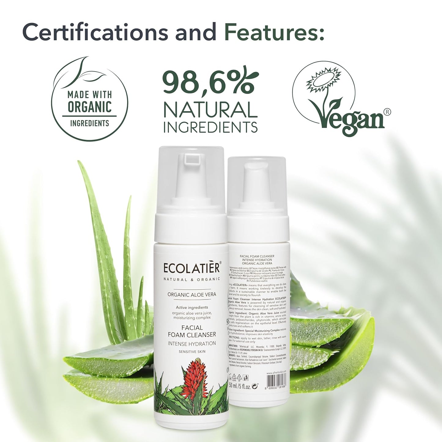 Intensive Hydration Facial Foam Cleanser ECOLATIER - Organic Aloe Vera, 98.6% Natural, Vegan - Deeply Moisturizes and Effectively Removes Makeup - 5.1 Fl Oz