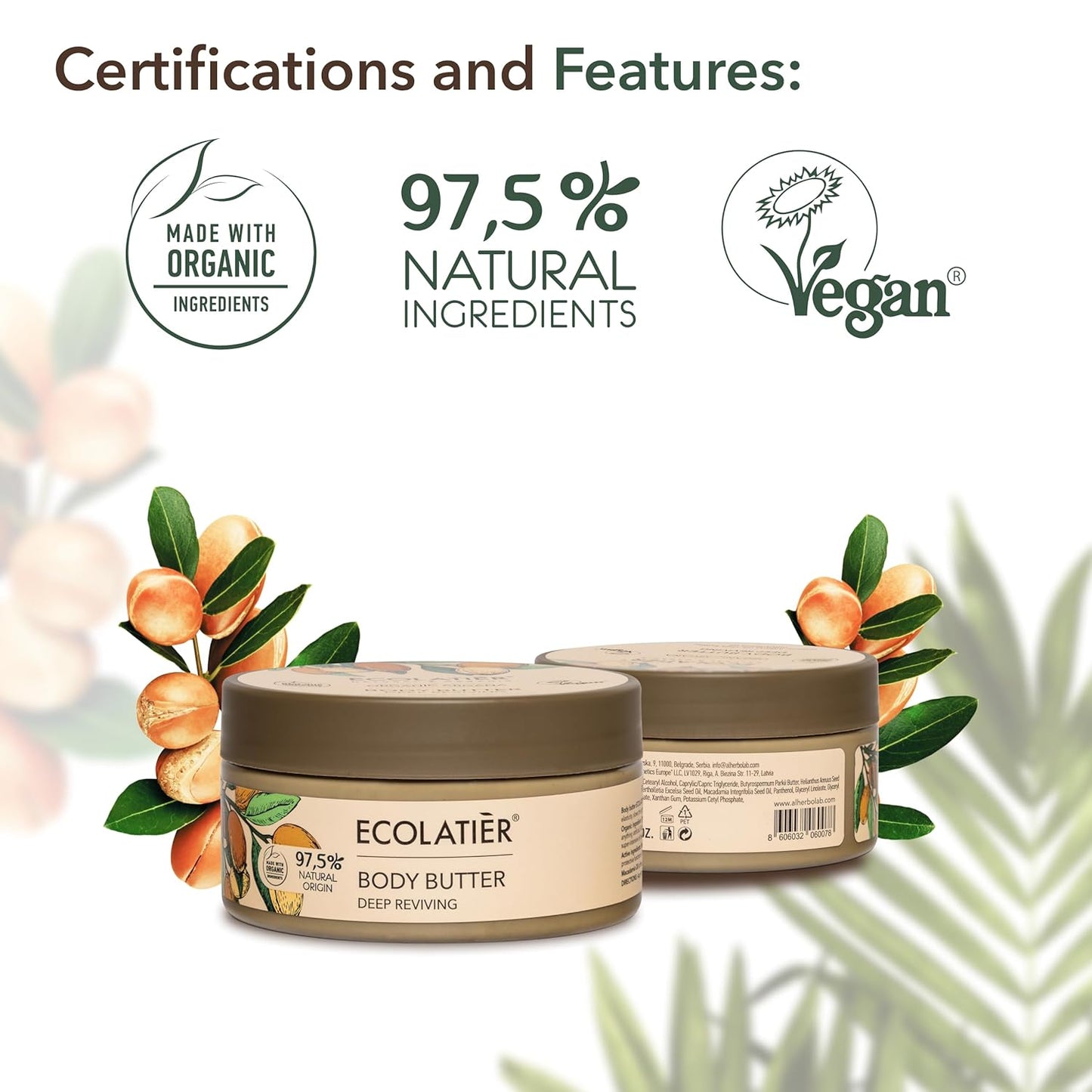 Organic Argana Body Butter for Deep Revival - ECOLATIER, 200ml - 97.5% Natural, Vegan whipped body butter - Nourishing Argan Oil & Shea Butter for Soft Skin - 6.8 Fl Oz