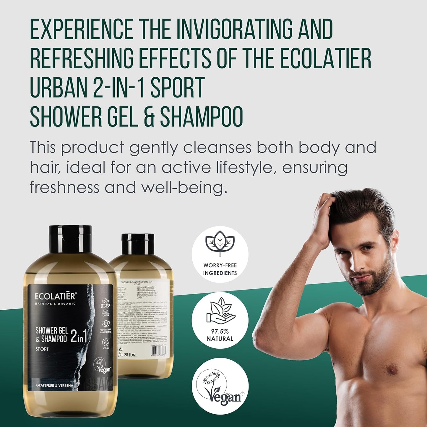 Invigorating 2 in 1 Sport Shower Gel & Shampoo ECOLATIER, URBAN Series - Formulated for Active Individuals, Invigorating Care for an Energized Start - 20.3 Fl Oz