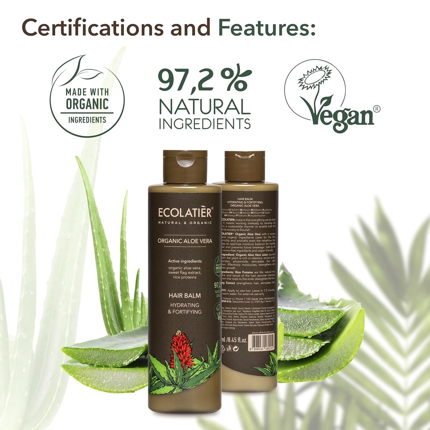 Moisturizing Hair Balm, Organic Aloe Vera hair conditioner, Hydration & Strength - ECOLATIER, 250ml - 97.2% Natural, Veganhair conditioner - Deep Conditioning Hair Mask For Healthier Hair 8.5 Fl Oz