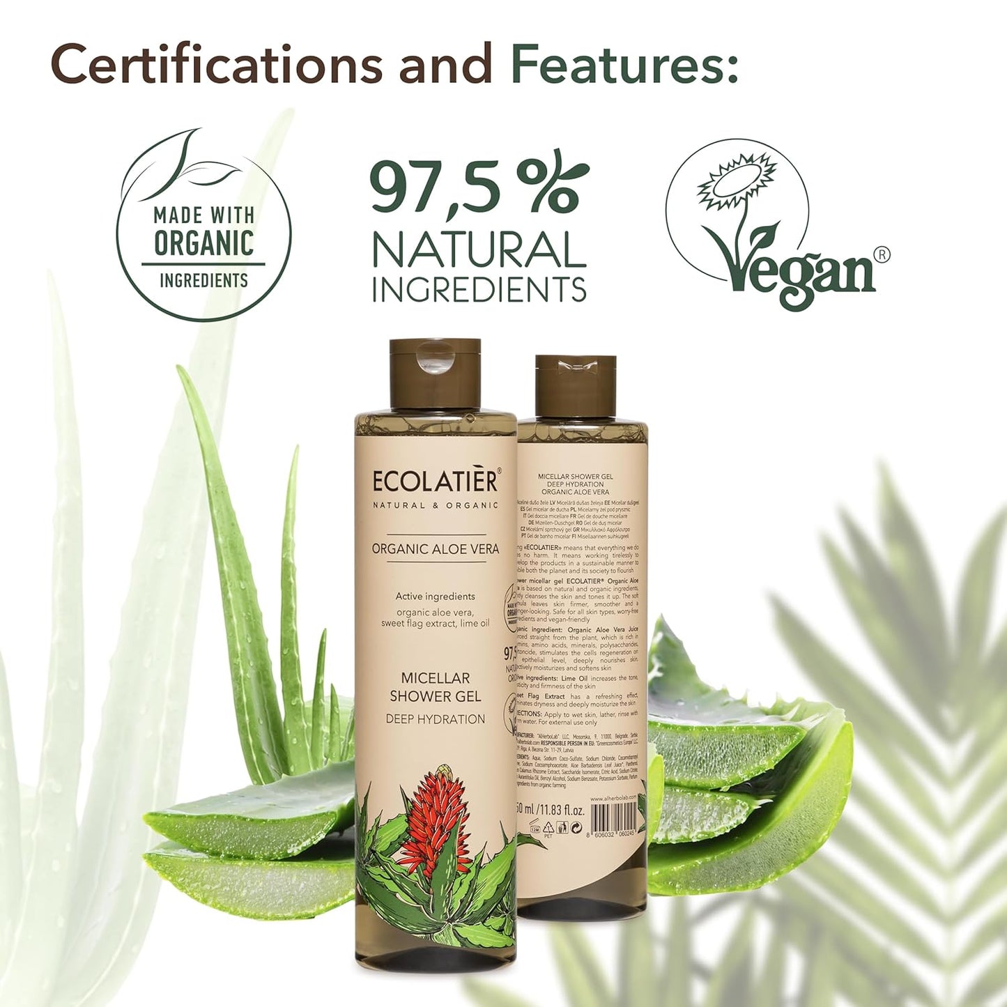 Micellar Shower Gel with Organic Aloe Vera for Deep Hydration ECOLATIER, 350ml - Vegan organic body wash, 97.5% Natural Ingredients - Natural Body Wash for Intense Hydration - 11.8 Fl Oz