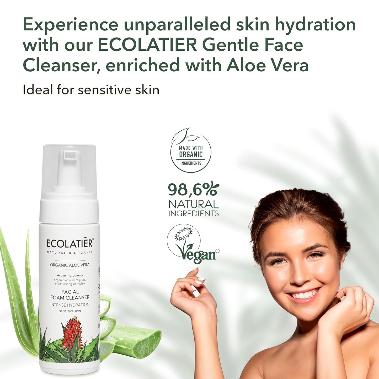 Intensive Hydration Facial Foam Cleanser ECOLATIER - Organic Aloe Vera, 98.6% Natural, Vegan - Deeply Moisturizes and Effectively Removes Makeup - 5.1 Fl Oz