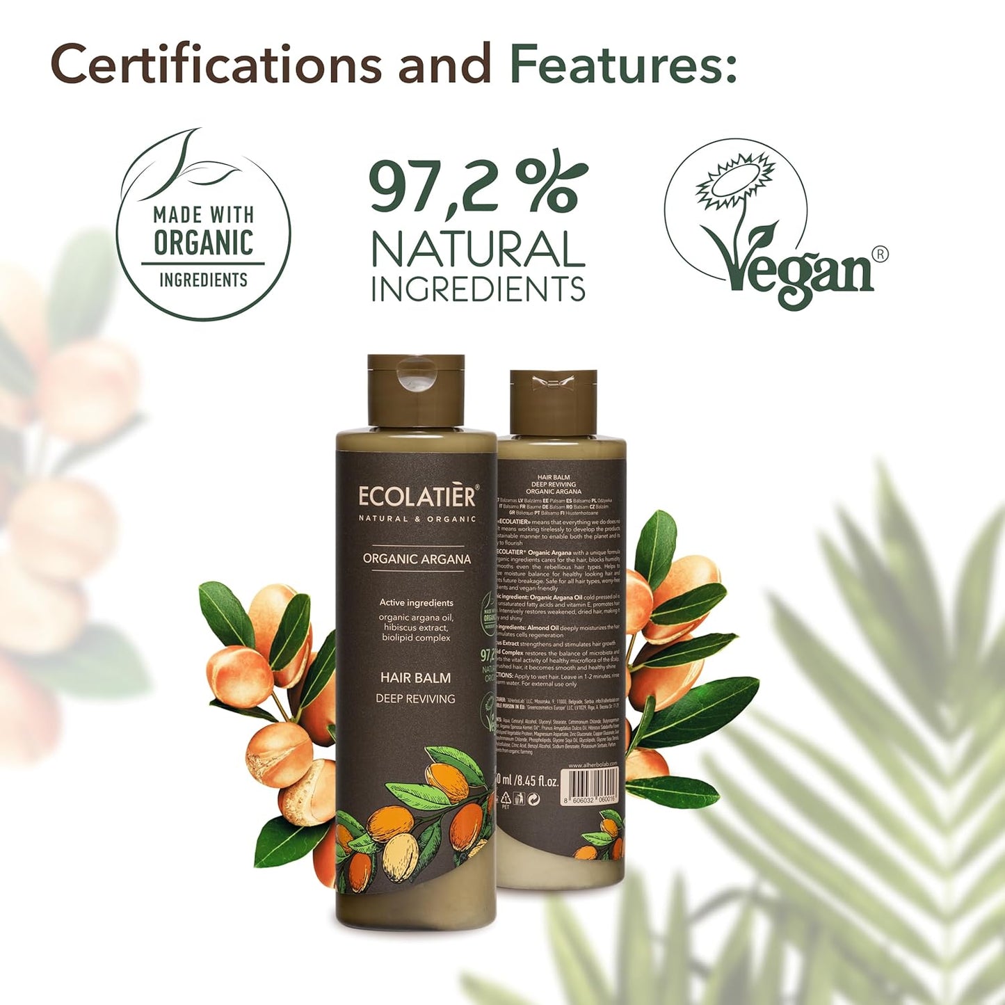 Organic Argana Hair Balm for Deep Revival - ECOLATIER, 250ml - 97.2% Natural, Vegan hair fertilizer - Moisturizes, Argan Oil & Rice Proteins braid balm - 8.5 Fl Oz