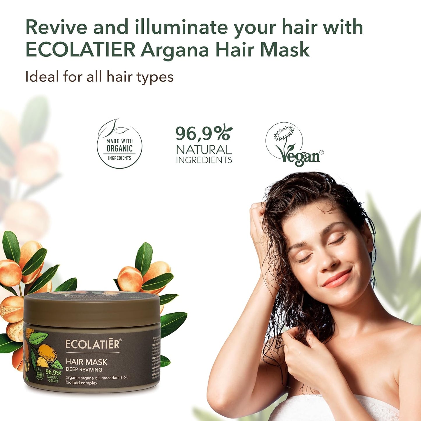 Organic Argana Oil Deep Reviving Hair Mask - ECOLATIER, 250ml - 96.9% Natural, Vegan hair mask for damaged hair - Restores Shine, Argan & Macadamia Oils - 8.5 Fl Oz