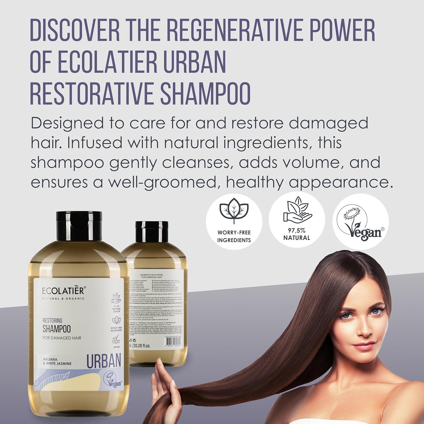 Intensive Restoration Shampoo for Damaged Hair ECOLATIER, URBAN Series - Specially Formulated for Strengthening & Adding Luminous Shine with Gentle Care - 20.3 Fl Oz